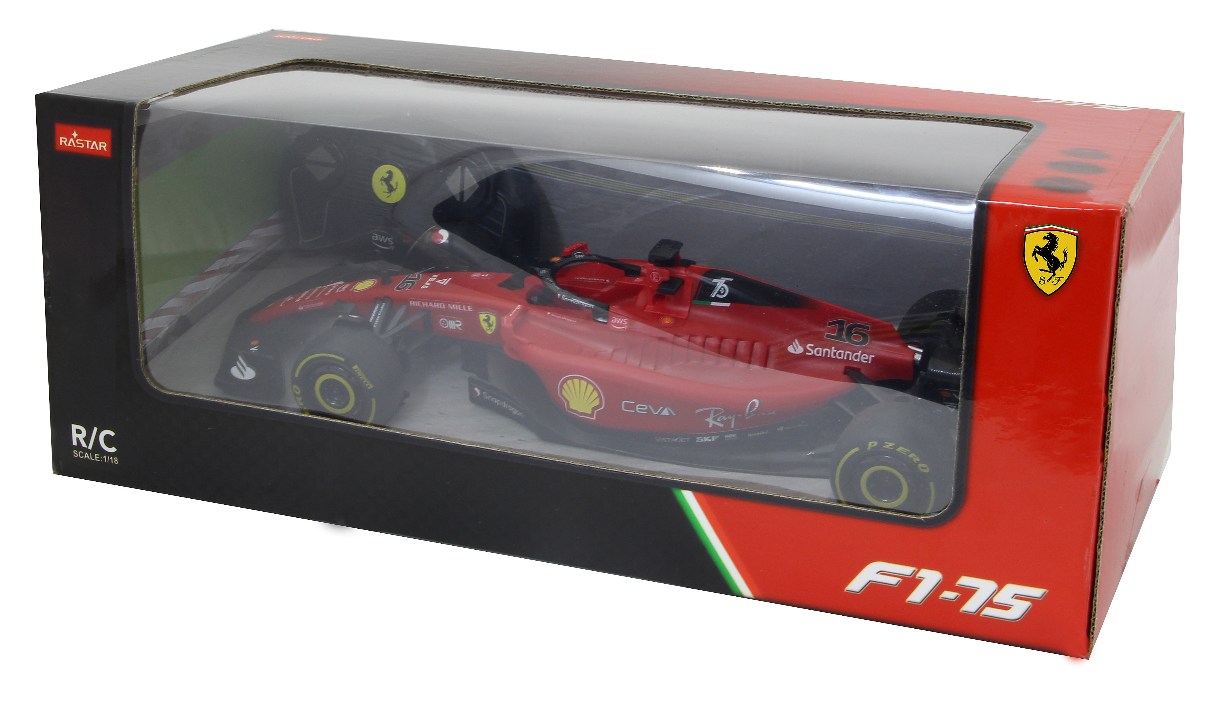 Rote Ferrari F1-75 Spielzeugauto im Karton mit "Rastar" und "F1-75" Aufdruck.