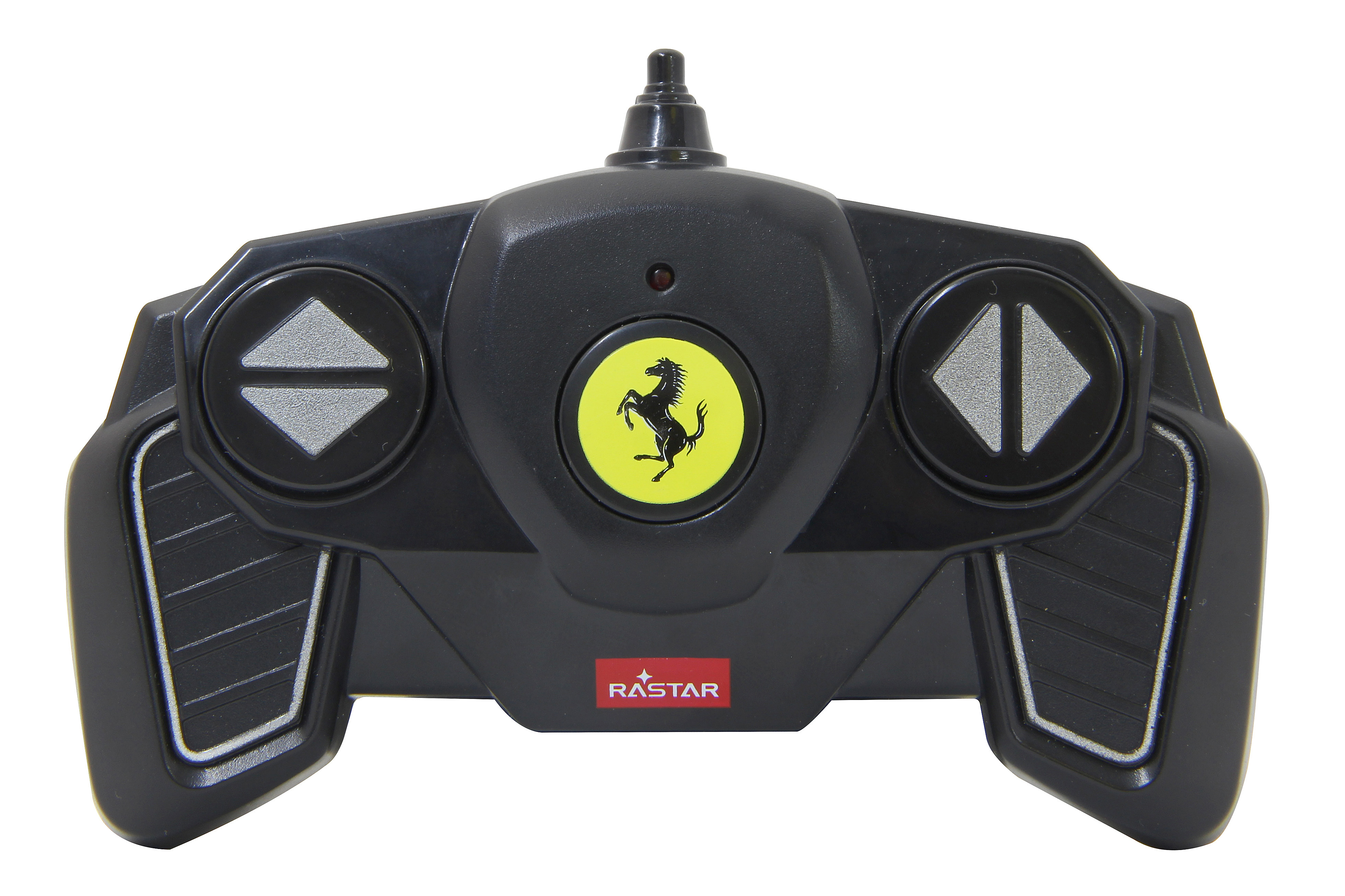 Schwarzer Ferrari-Fernbedienung mit gelbem Logo, Pfeiltasten und Rastar-Logo.