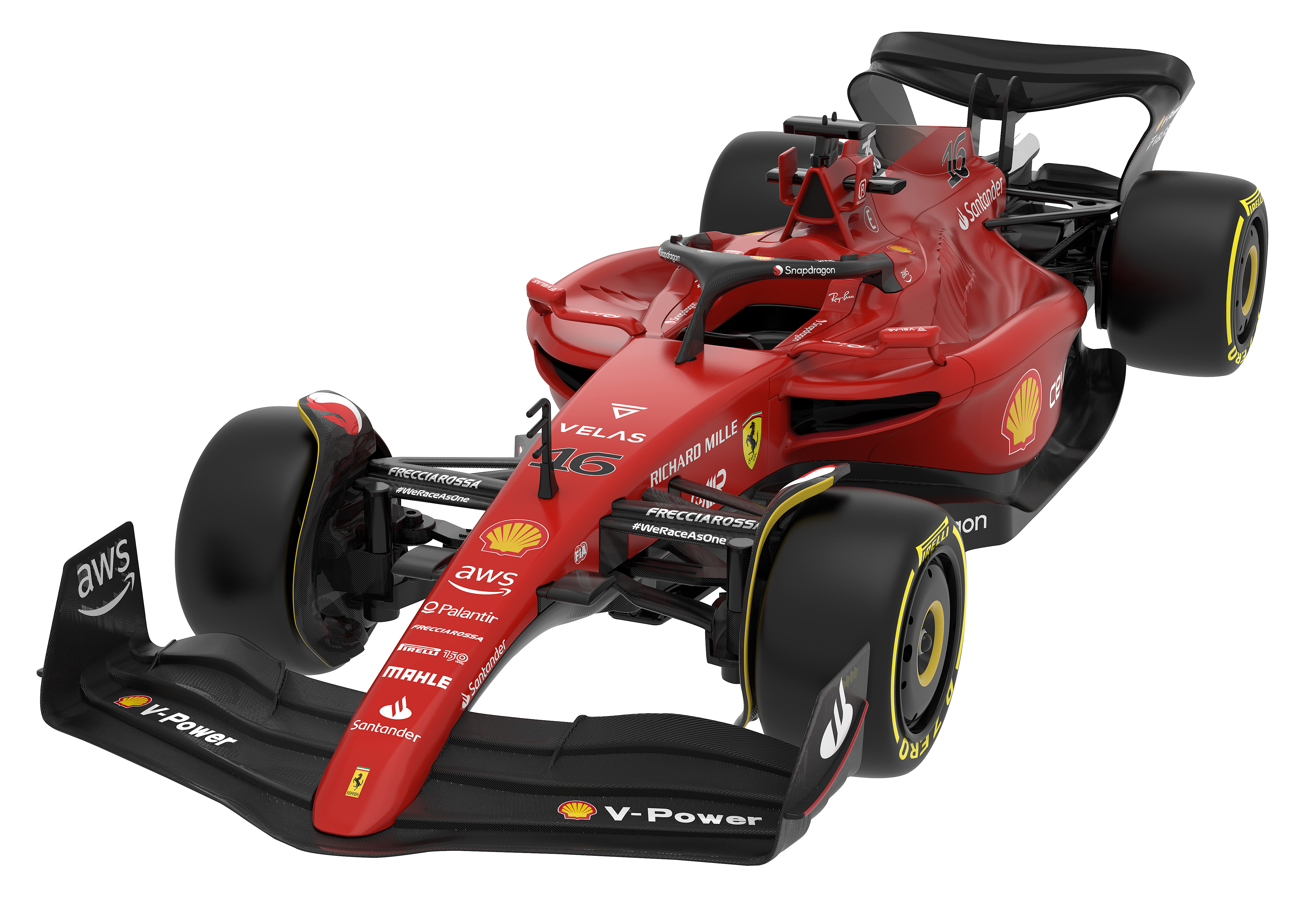 Ein roter Ferrari Formel-1-Wagen mit schwarzen und gelben Akzenten, Sponsorenlogos.