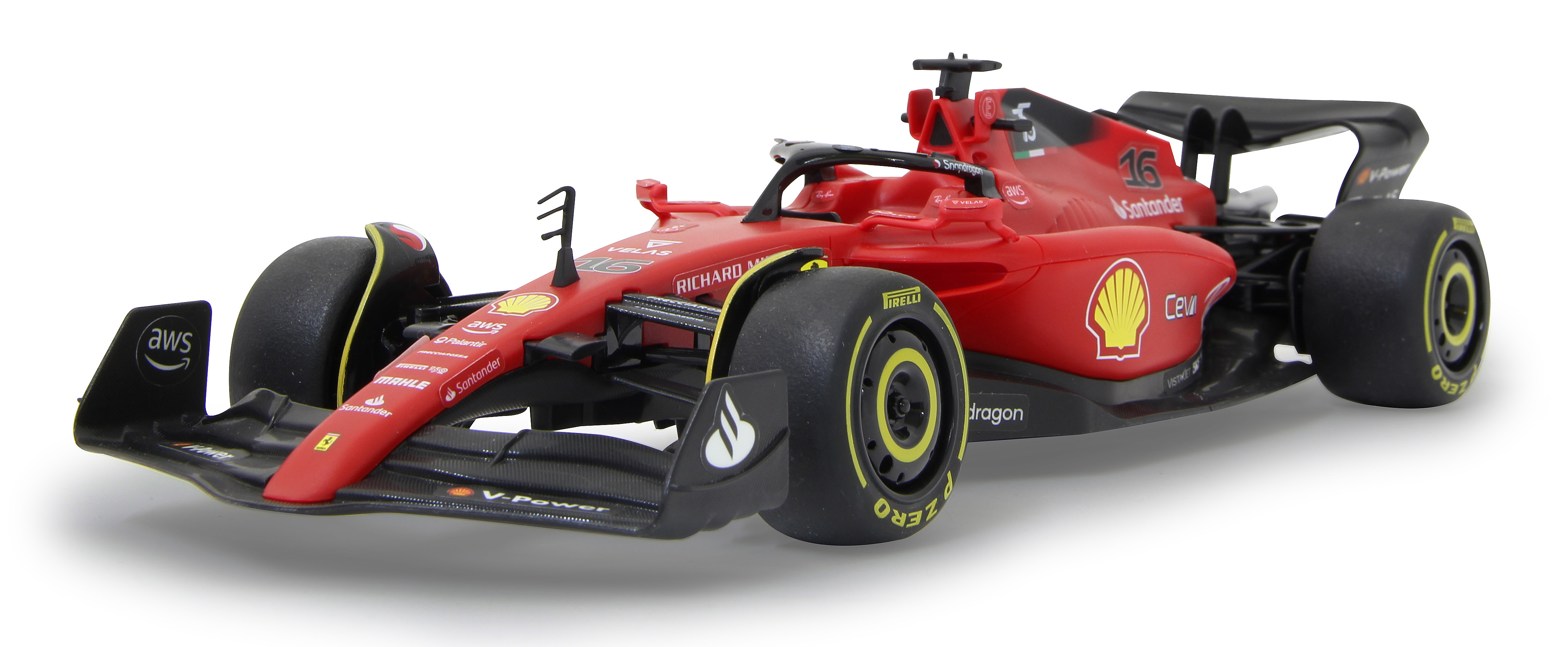 Ein rotes Formel-1-Auto mit gelben Akzenten und Sponsorenlogos auf weißem Hintergrund.