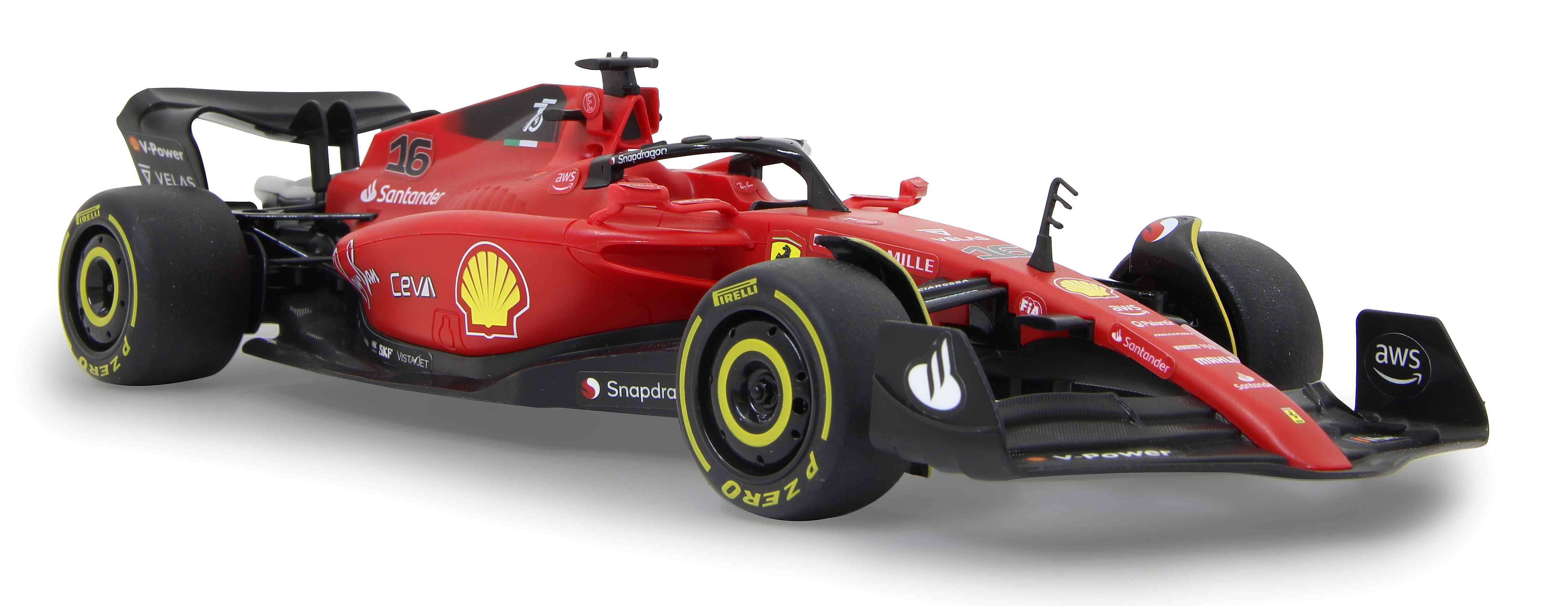 Ein roter Formel-1-Wagen mit gelben Akzenten steht auf weißem Hintergrund.