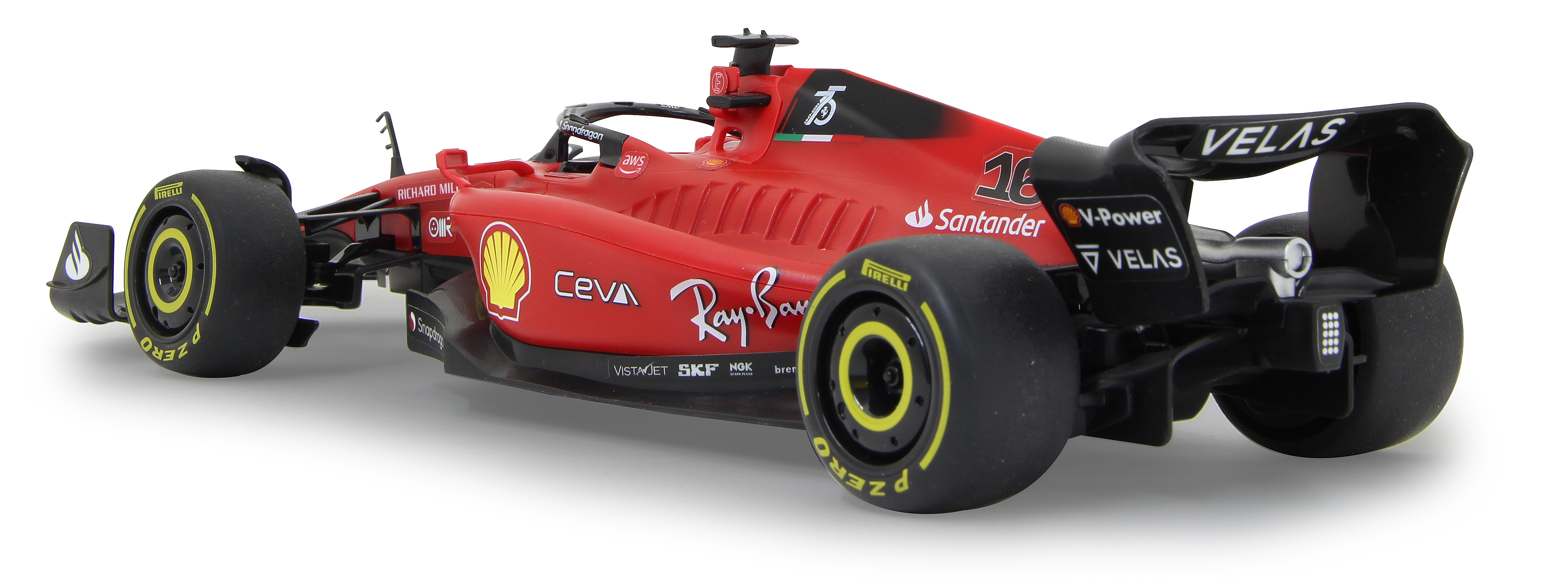 Roter Formel-1-Wagen mit Sponsorenlogos, auf weißem Hintergrund.