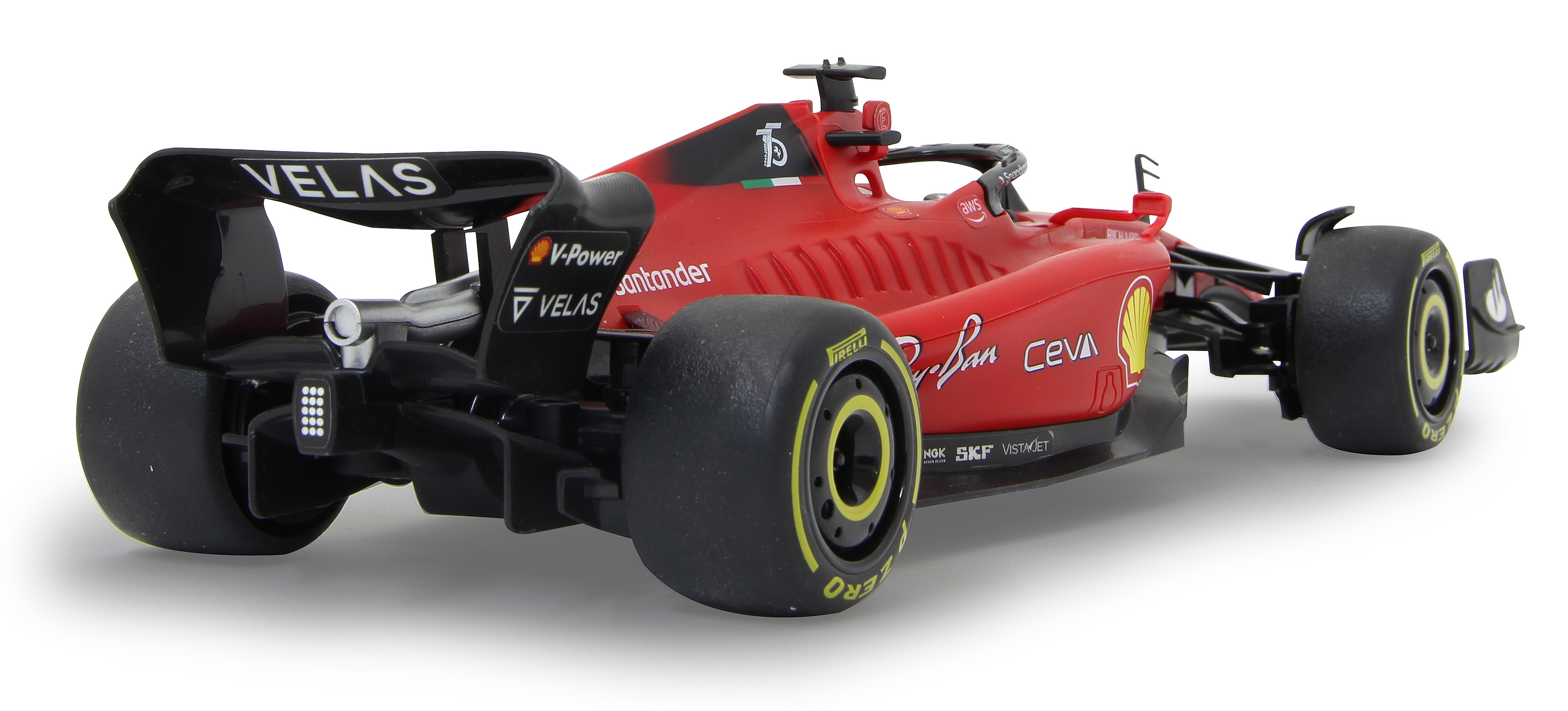 Rotes Ferrari Formel-1-Automodell mit schwarzen Akzenten und Sponsorenlogos.