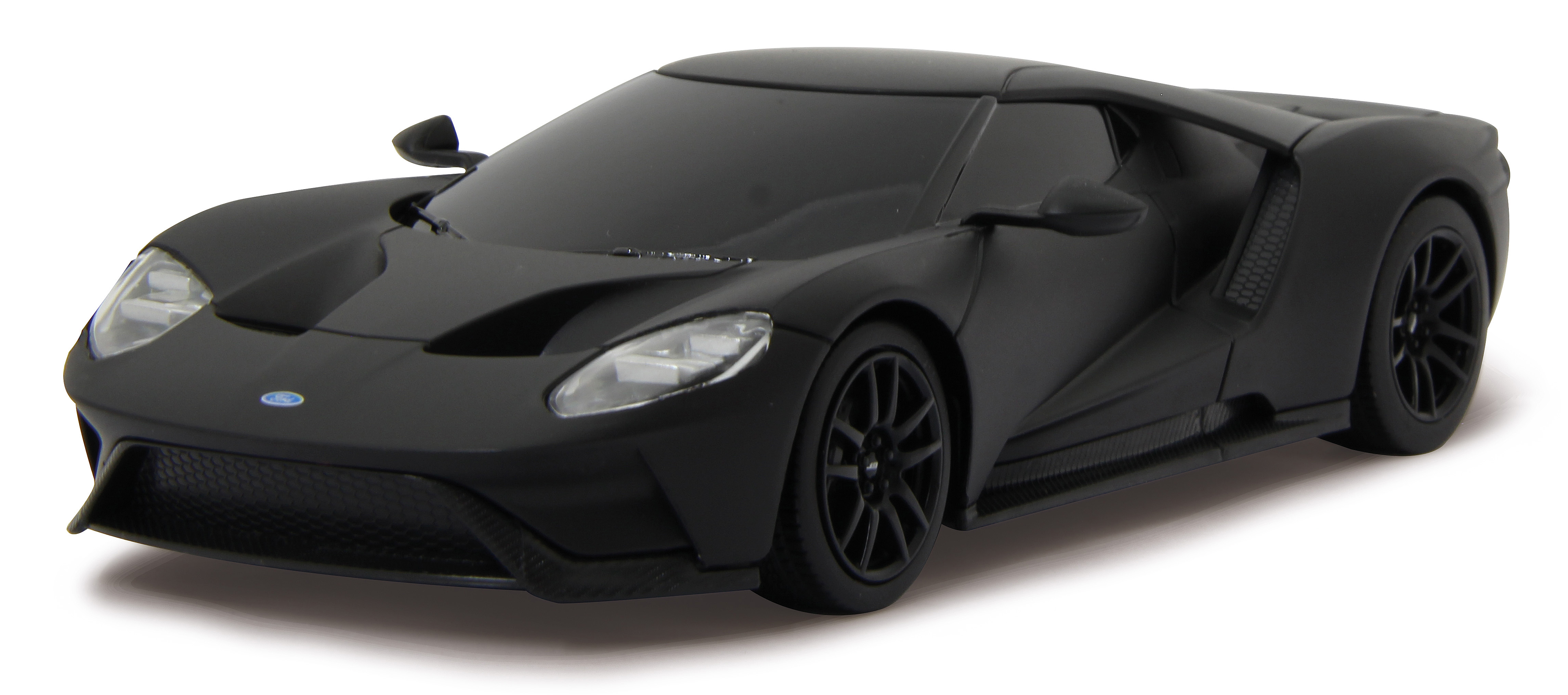 Ein schwarzes Ford GT-Modellauto mit einem Ford-Logo auf der Vorderseite.