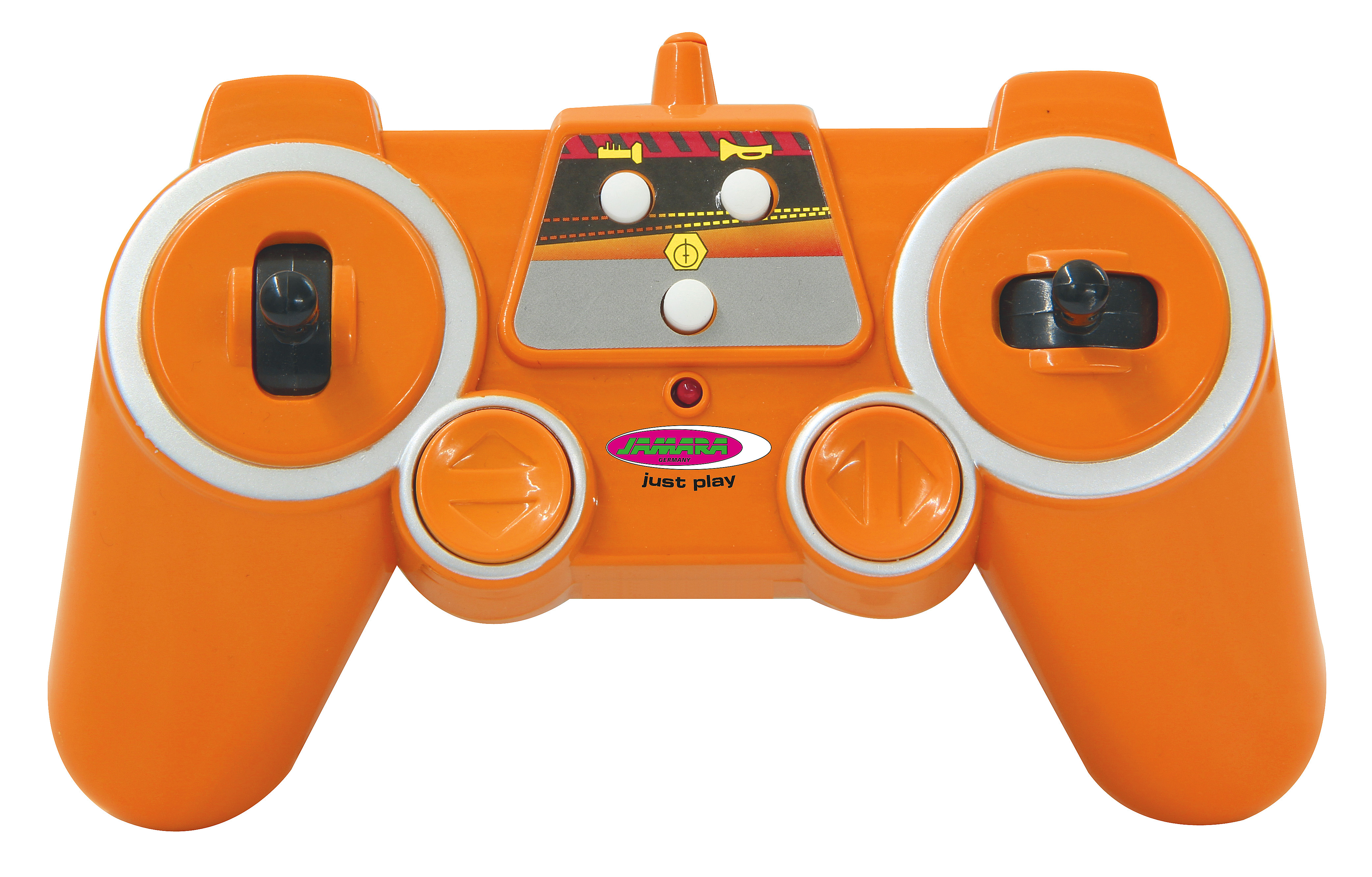 Ein orangefarbener ferngesteuerter Controller mit zwei Joysticks und Knöpfen.