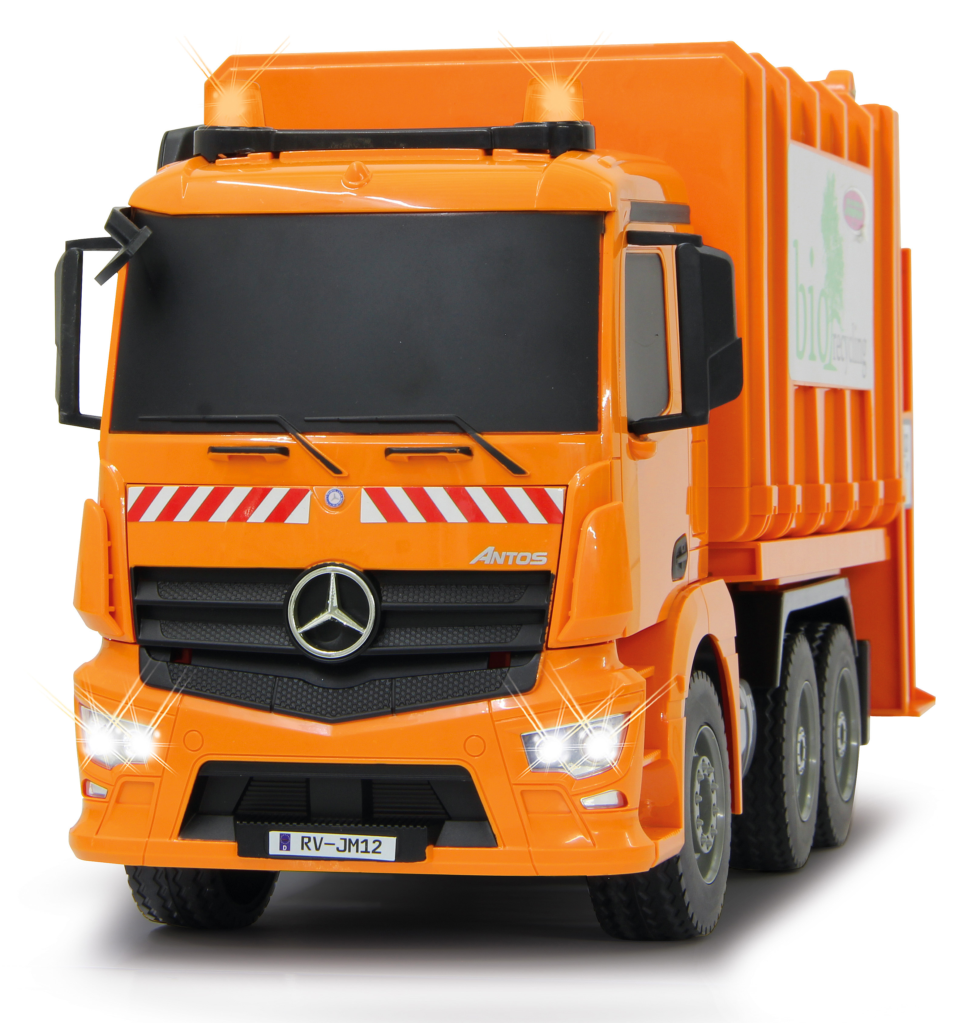Orange Müllwagen mit Lichtern und Aufschrift BIO Recycling.