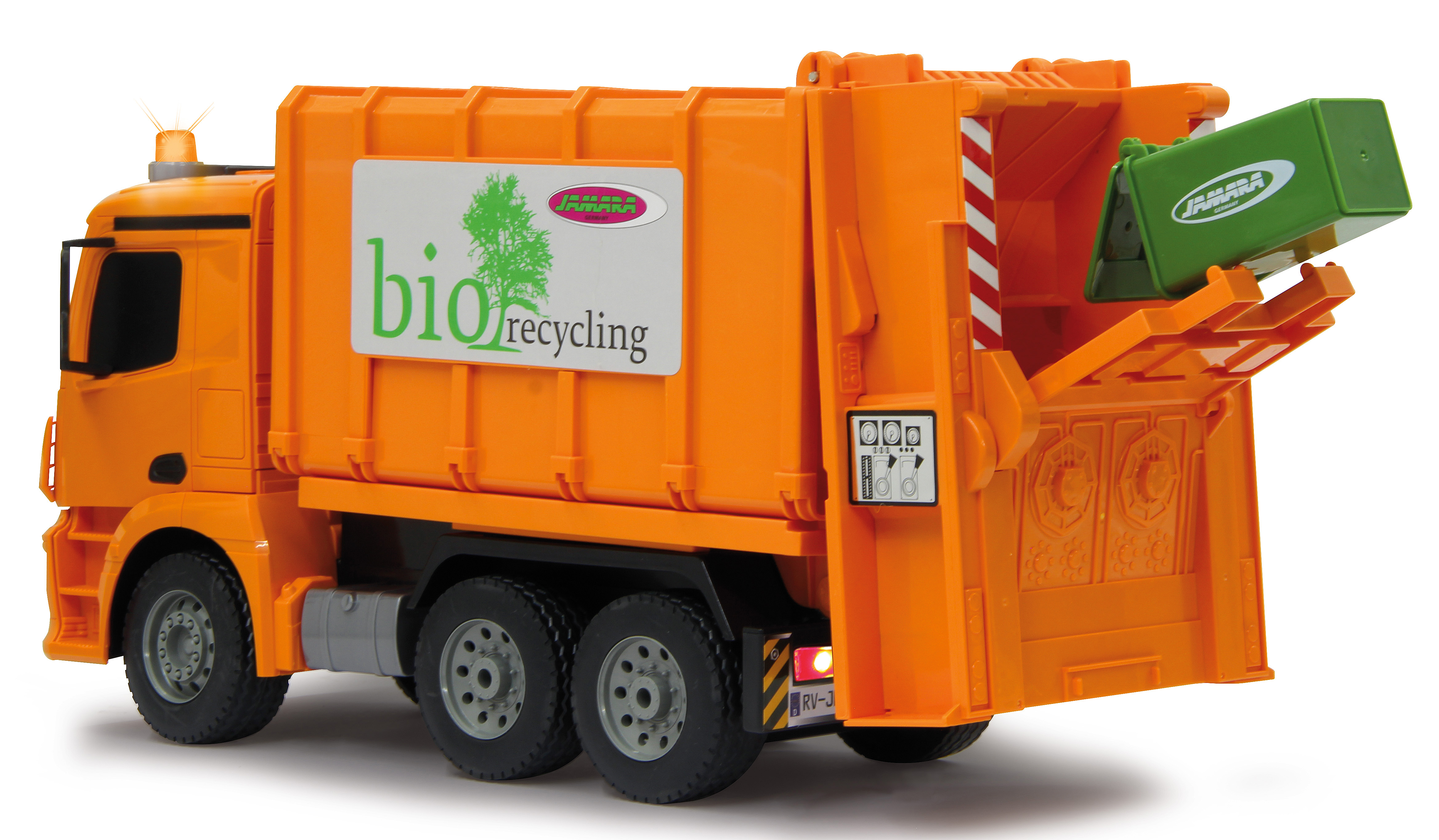 Ein orangefarbener Spielzeug-Müllwagen mit aufklappbarem Heck und grüner Tonne.
