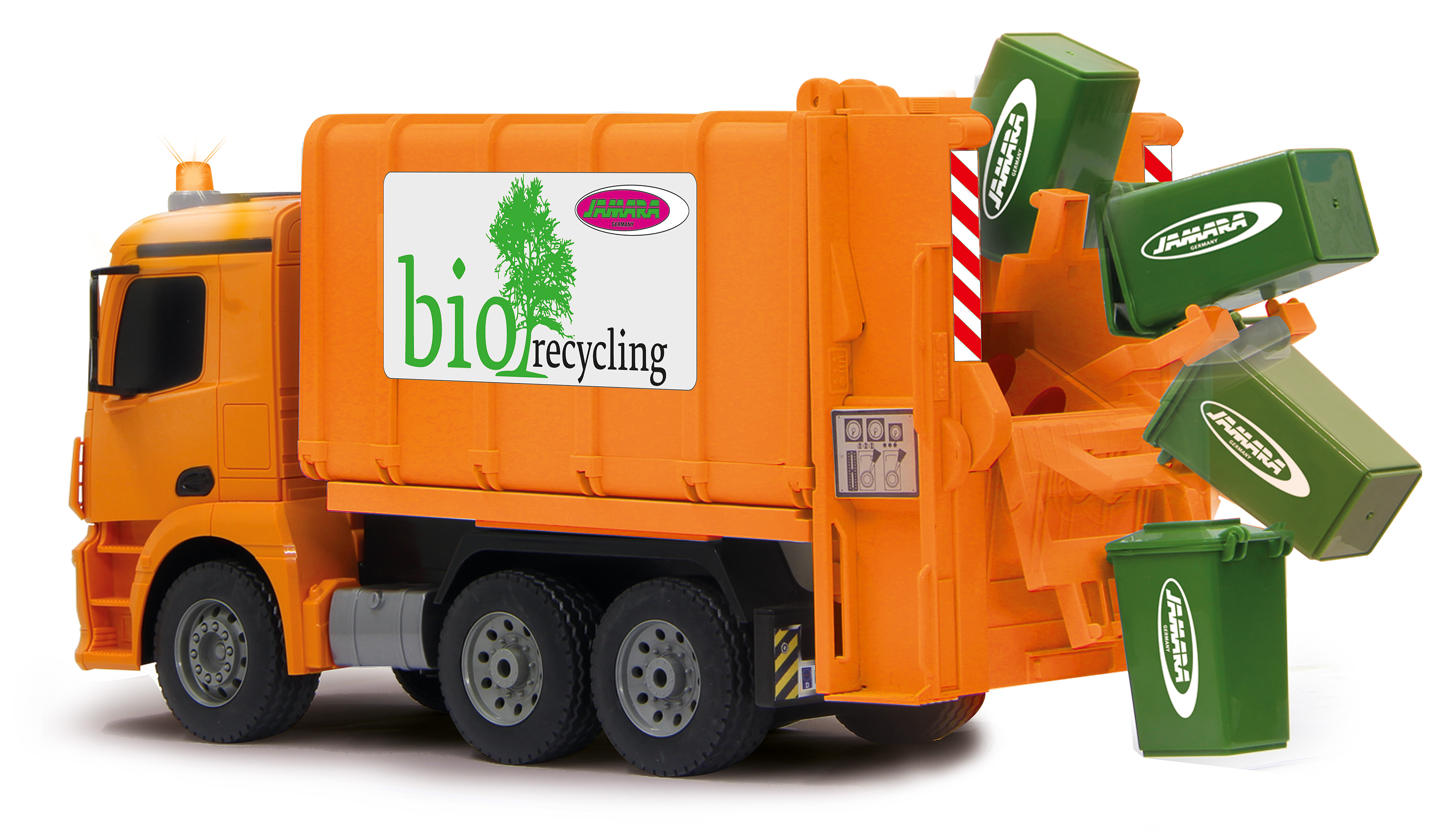 Ein orangefarbener Müllwagen sammelt grüne Mülltonnen mit dem Jamara-Logo.