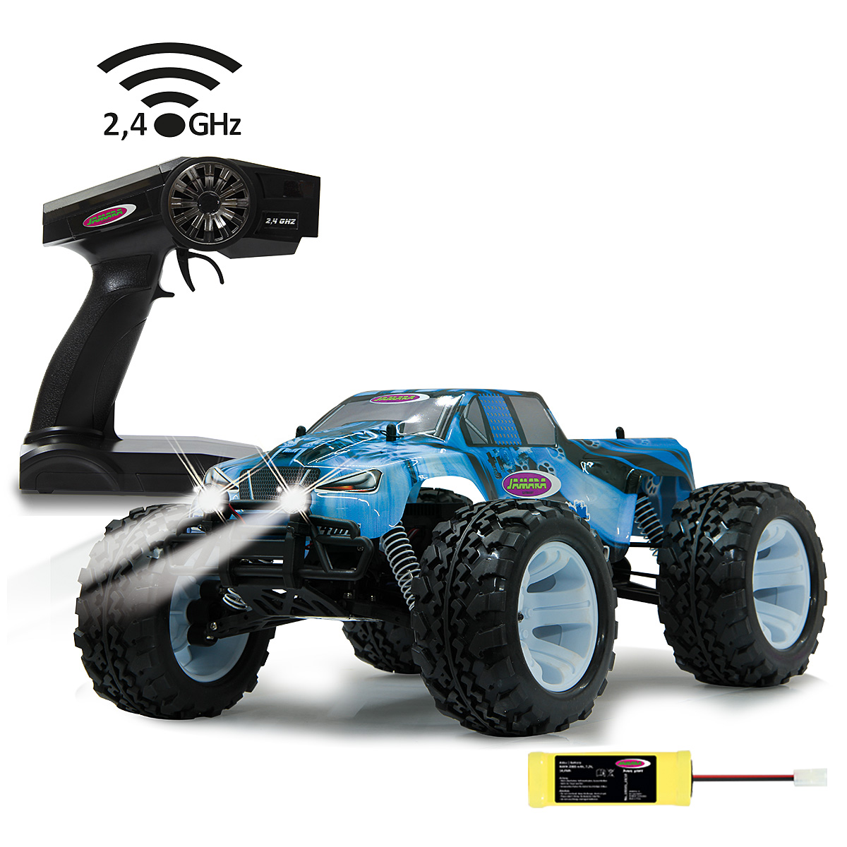 Ein blauer ferngesteuerter Monstertruck mit Fernbedienung und Akku.