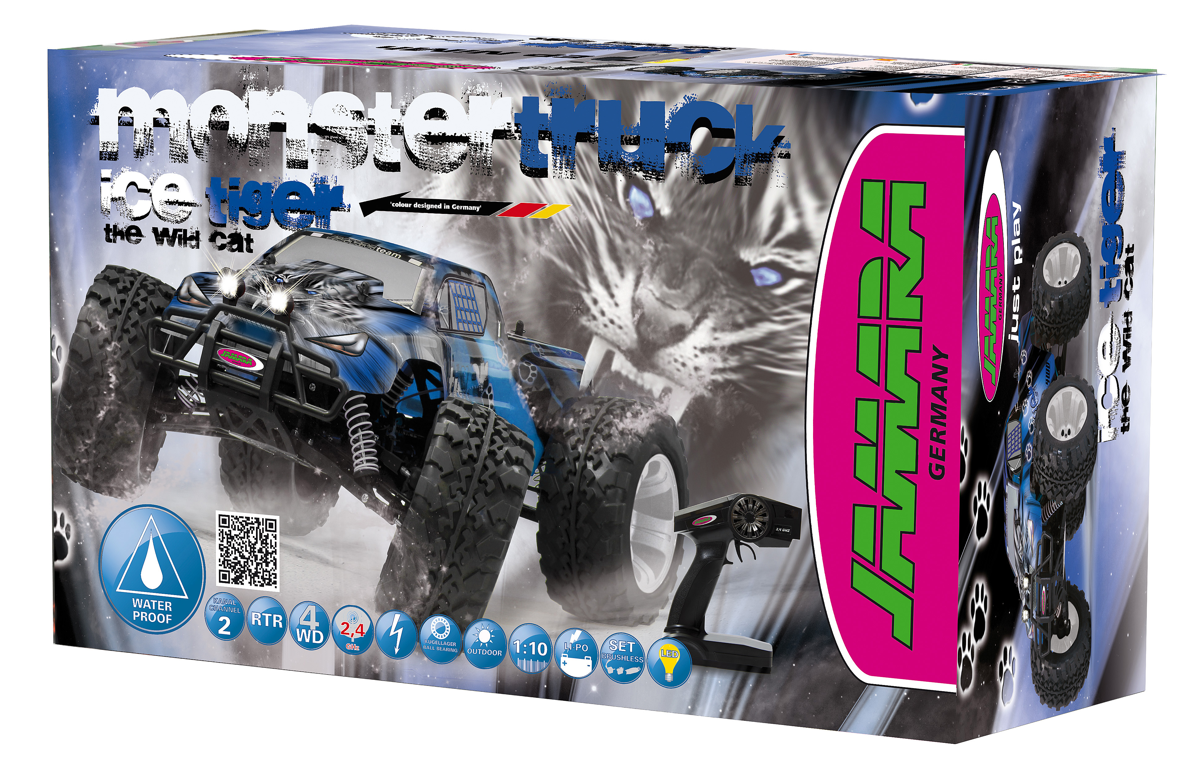 Verpackung eines blauen Monstertrucks mit Tiger-Design und Fernbedienung.