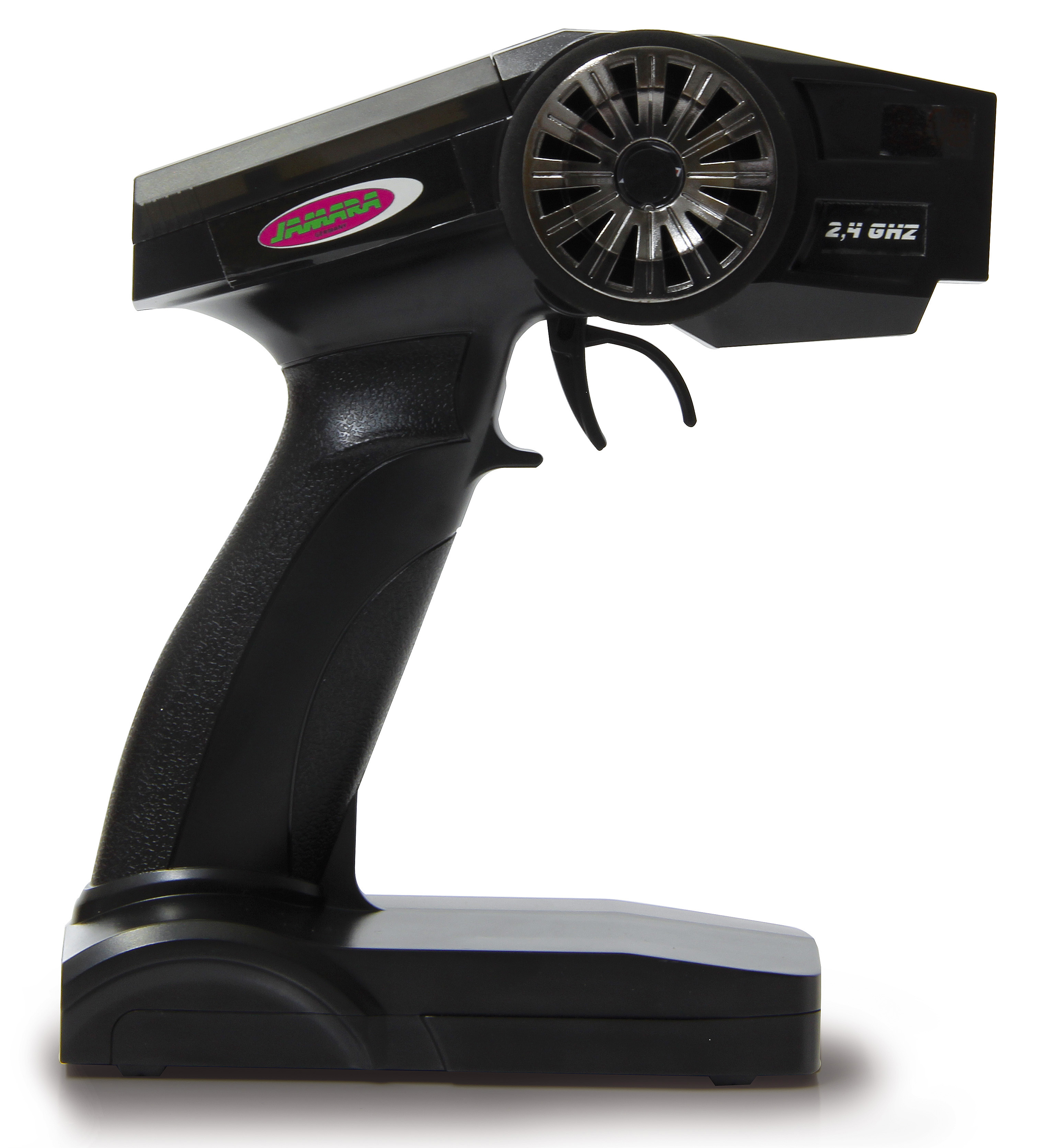 Schwarzer RC-Sender mit silbernem Lenkrad und Abzug.