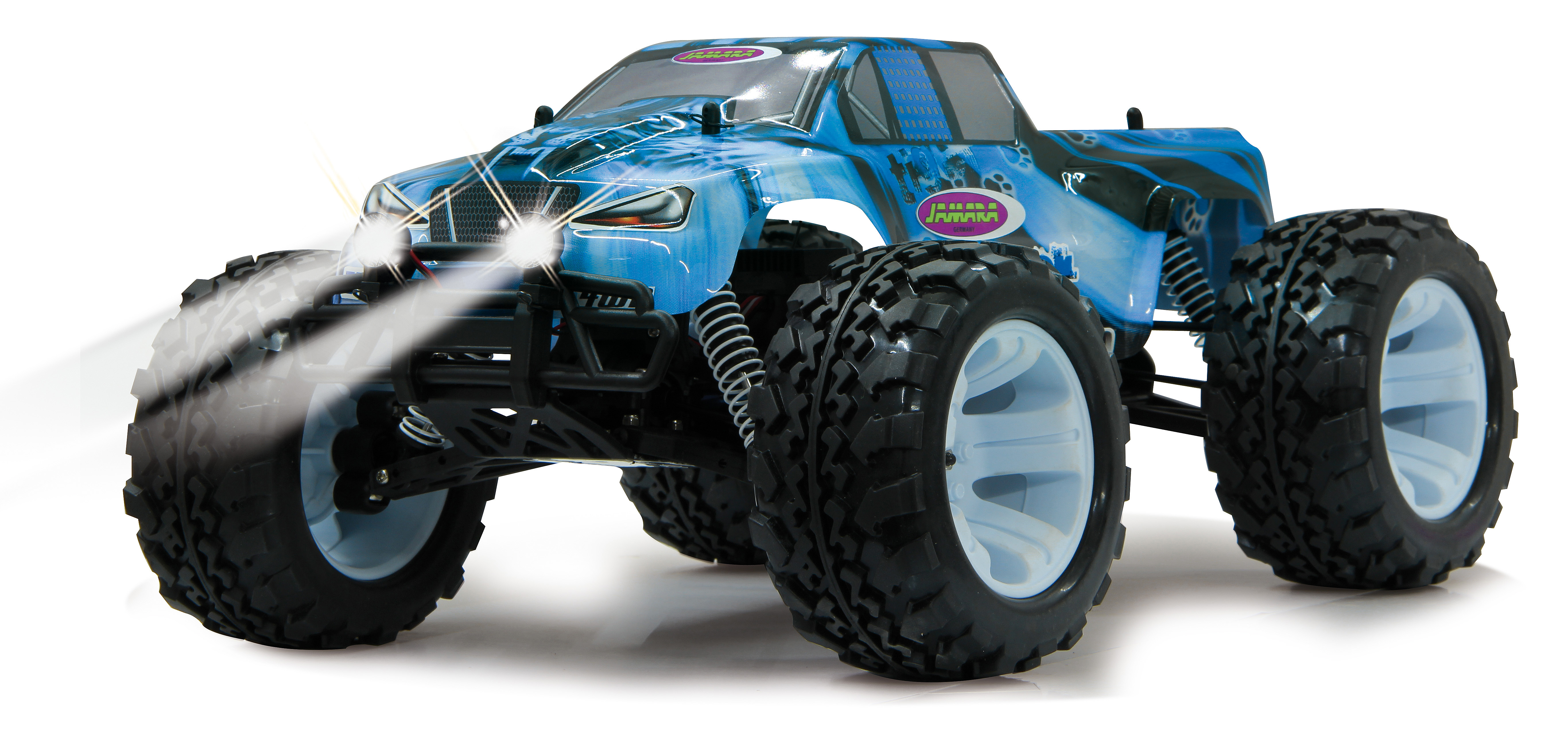 Ein blaues Monstertruck-Spielzeugauto mit leuchtenden Scheinwerfern und großen Reifen.