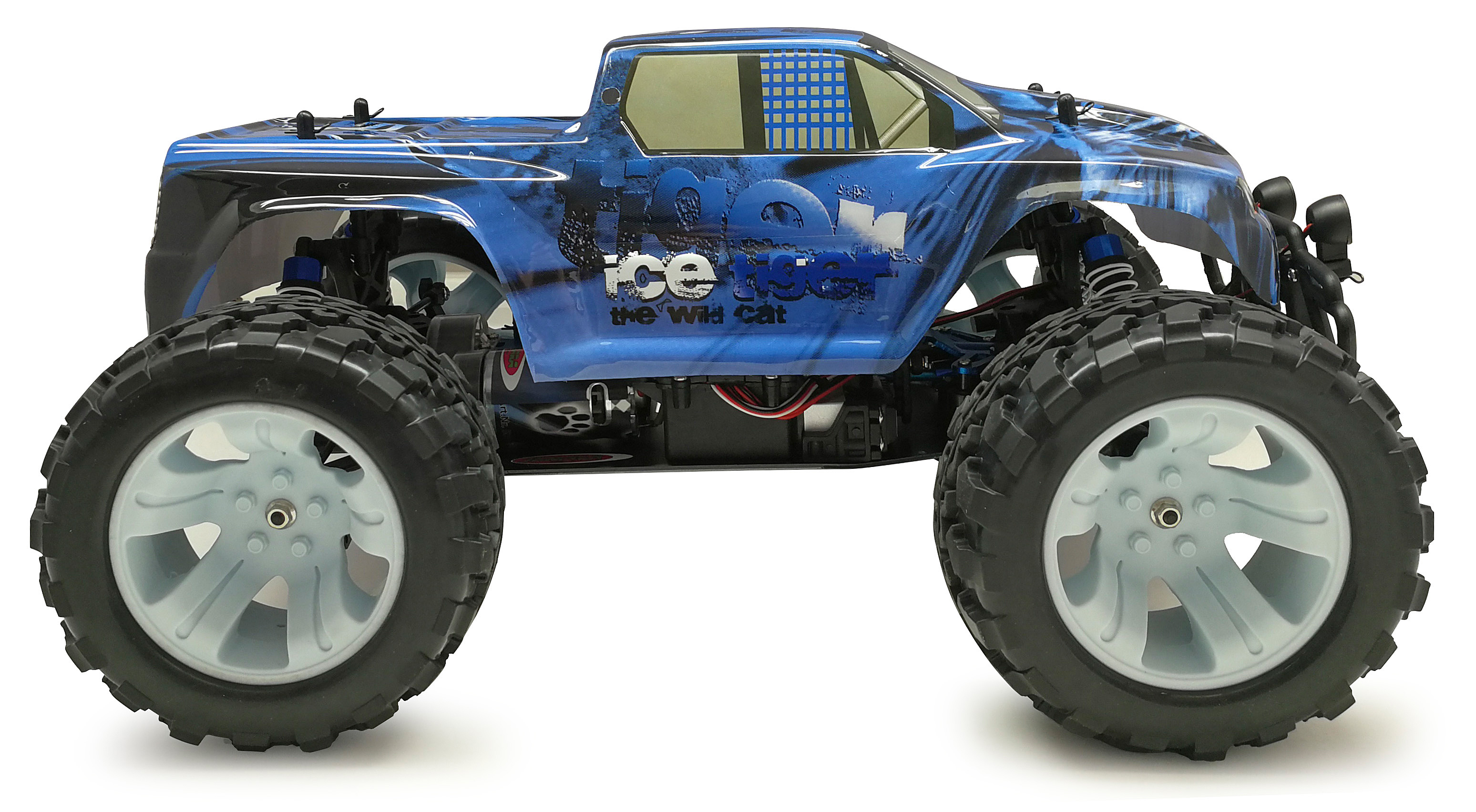 Blauer RC-Monster-Truck mit schwarz-weißen Grafiken, großen Reifen und weißen Felgen.