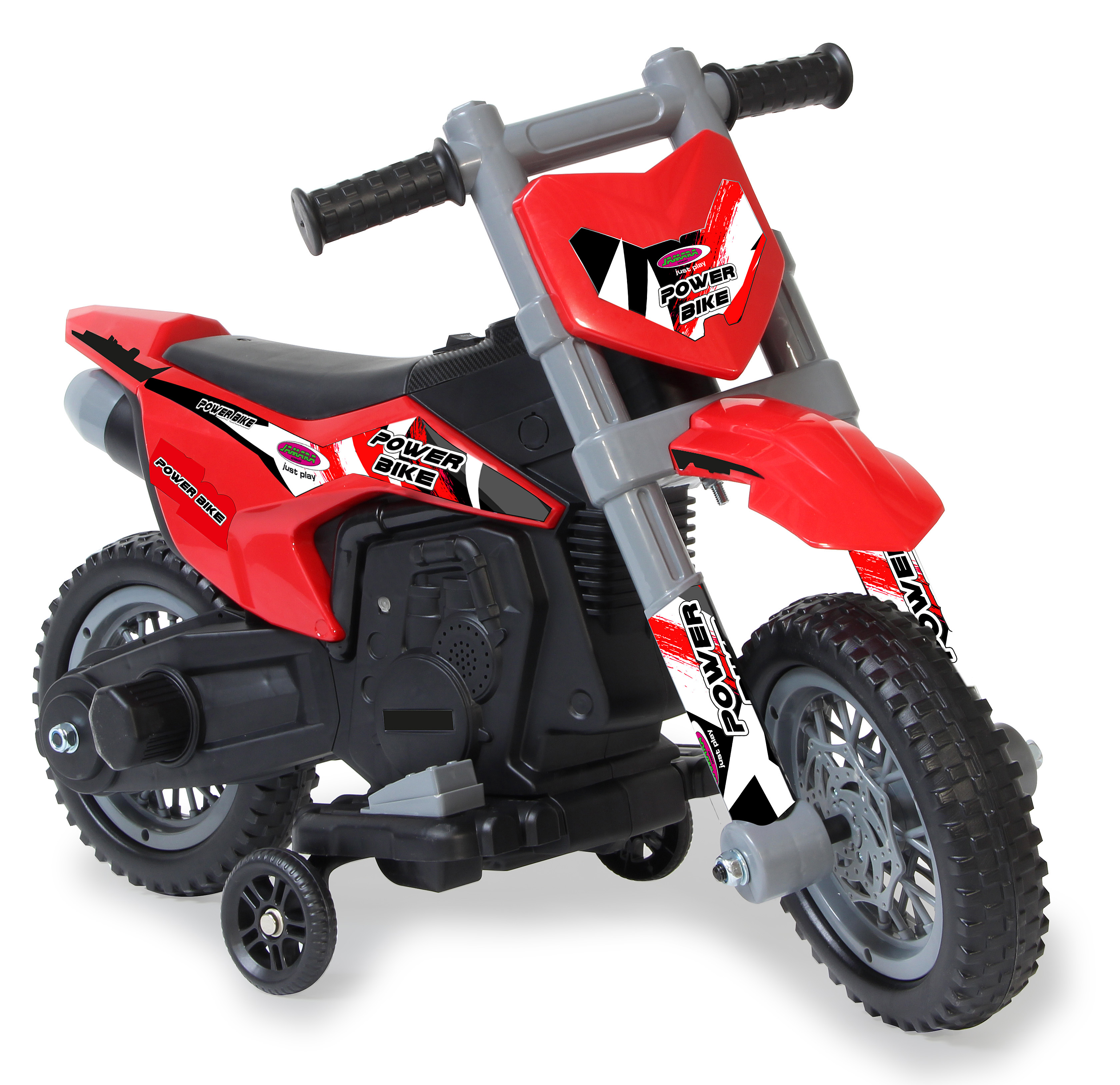 Rotes Spielzeug-Motorrad mit Stützrädern und Aufklebern "POWER BIKE".