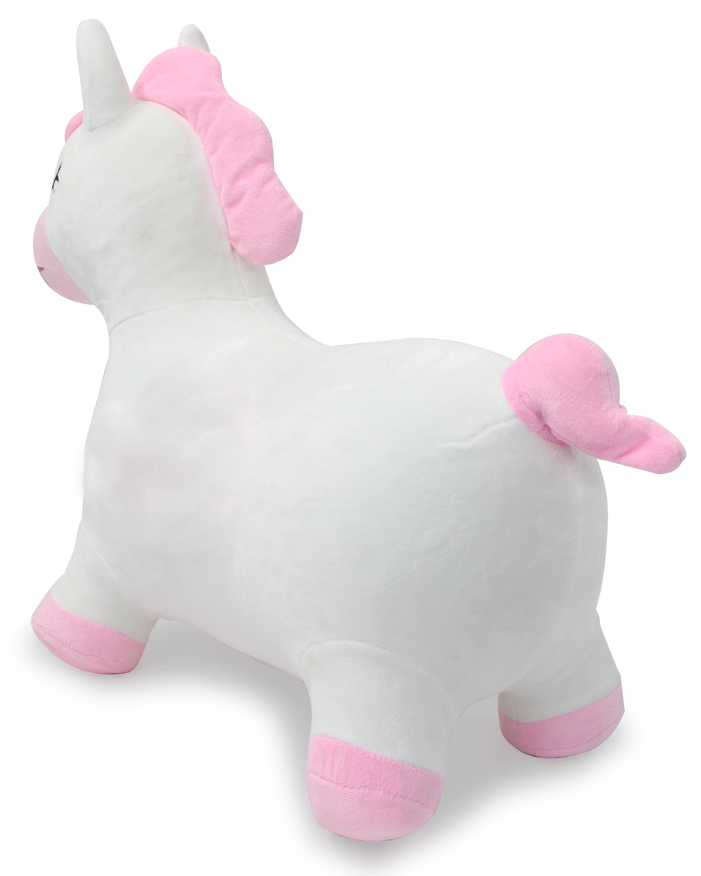 A white plush unicorn with pink mane and tail sits on a white background.
