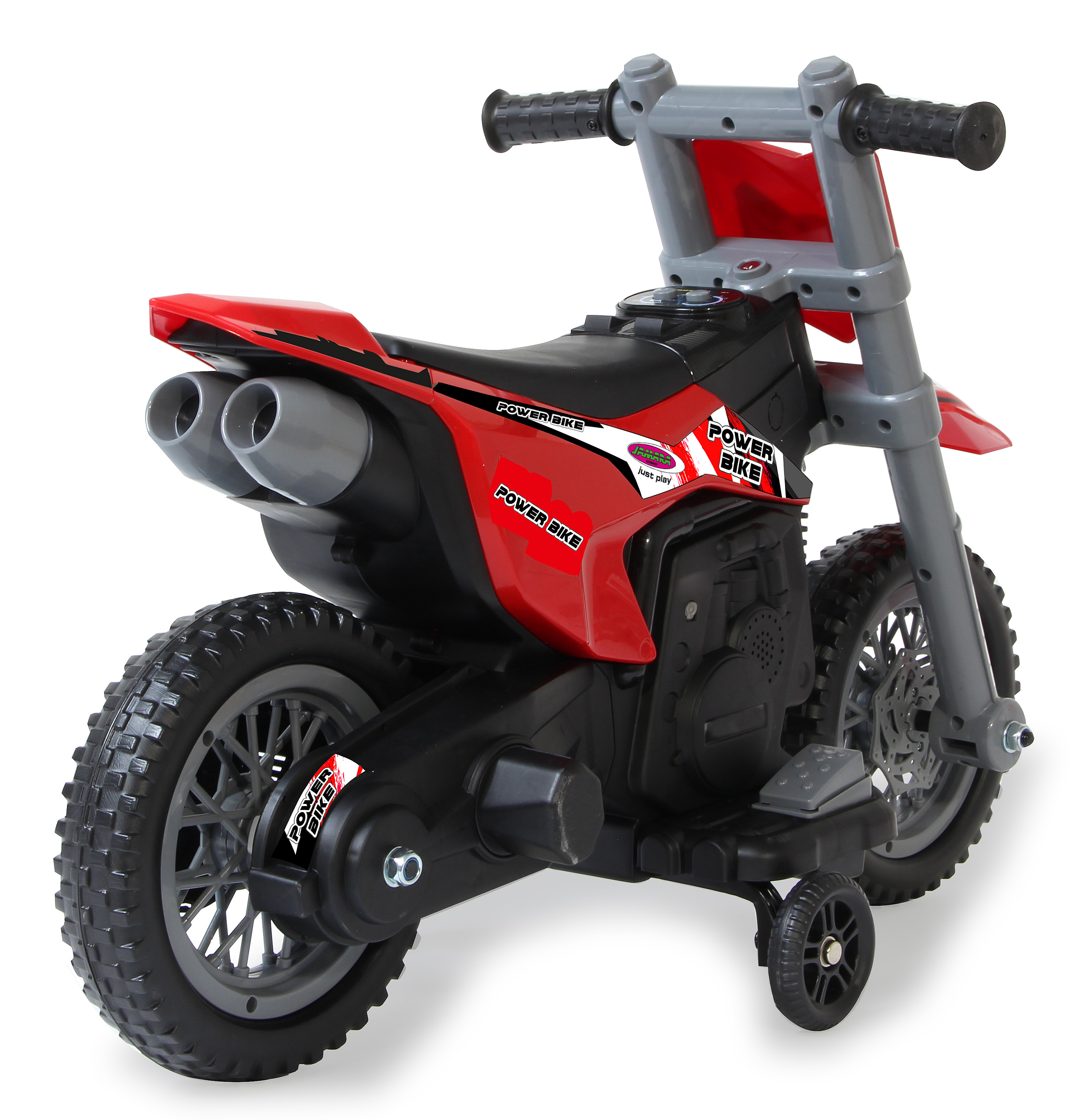 Rotes Spielzeugmotorrad mit Stützrädern und Aufklebern.