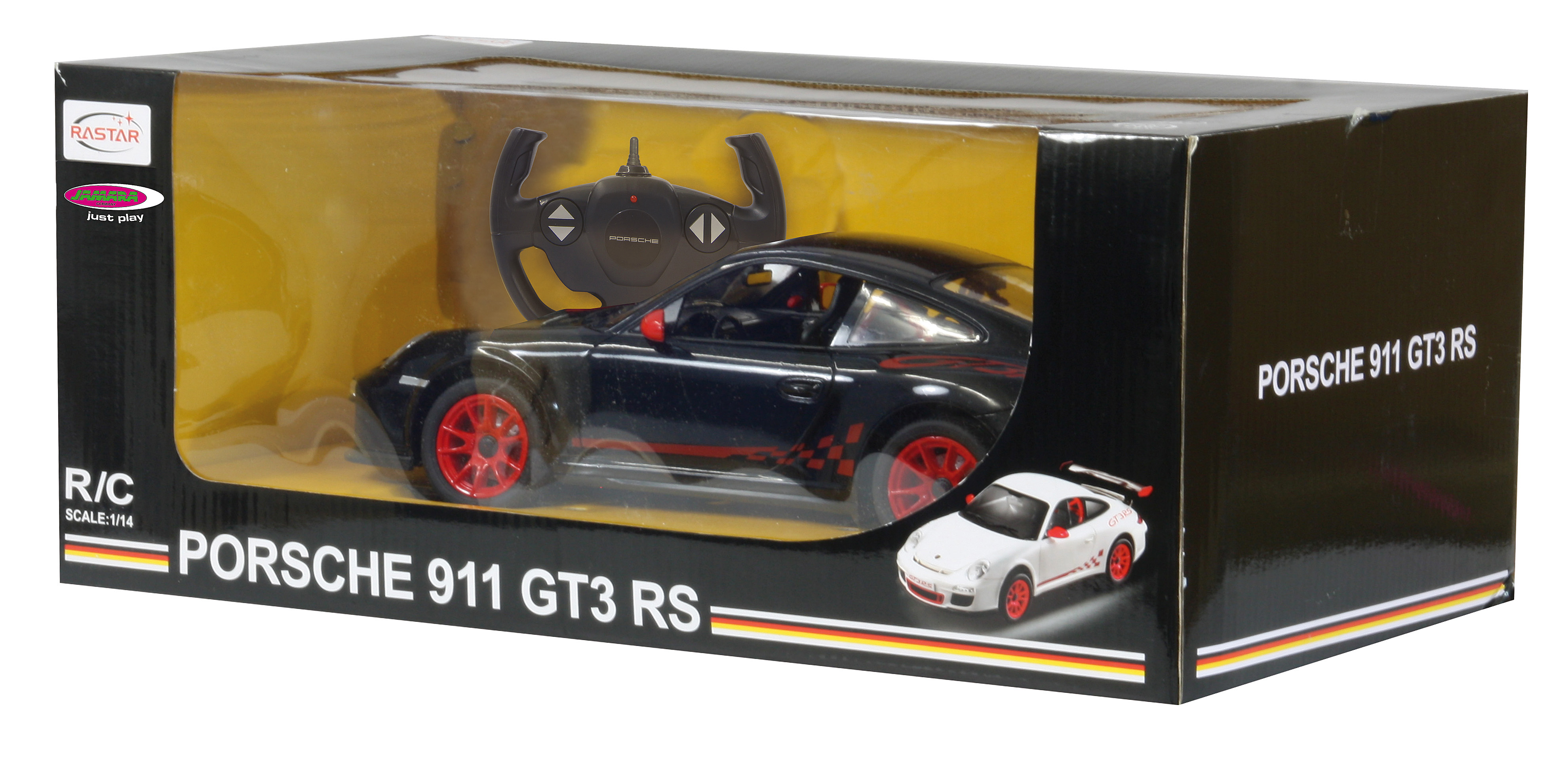 Black Porsche 911 GT3 RS RC car with red wheels and remote control.