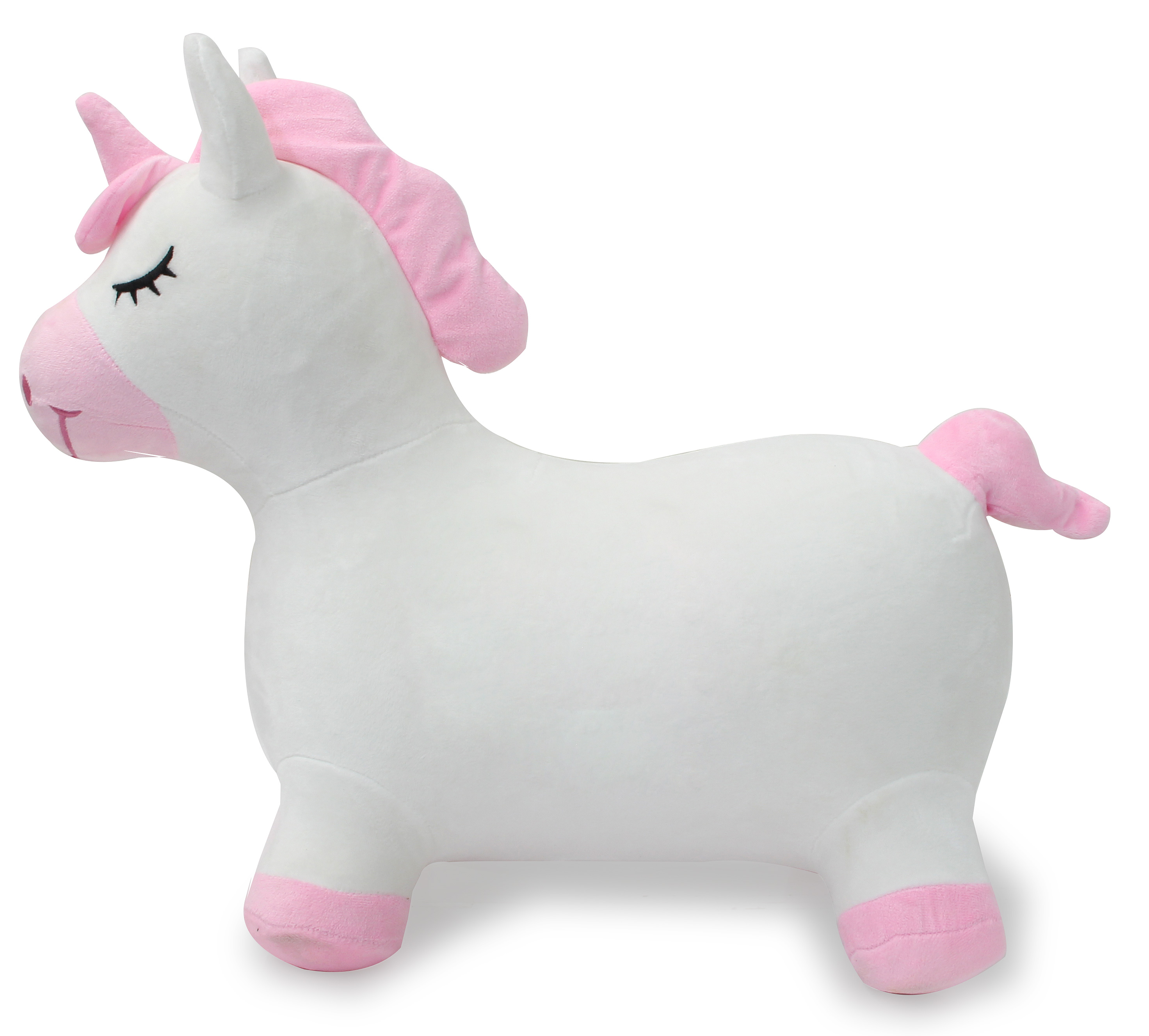 A white plush unicorn toy with pink mane, ears, nose, and hooves. It has closed eyes.