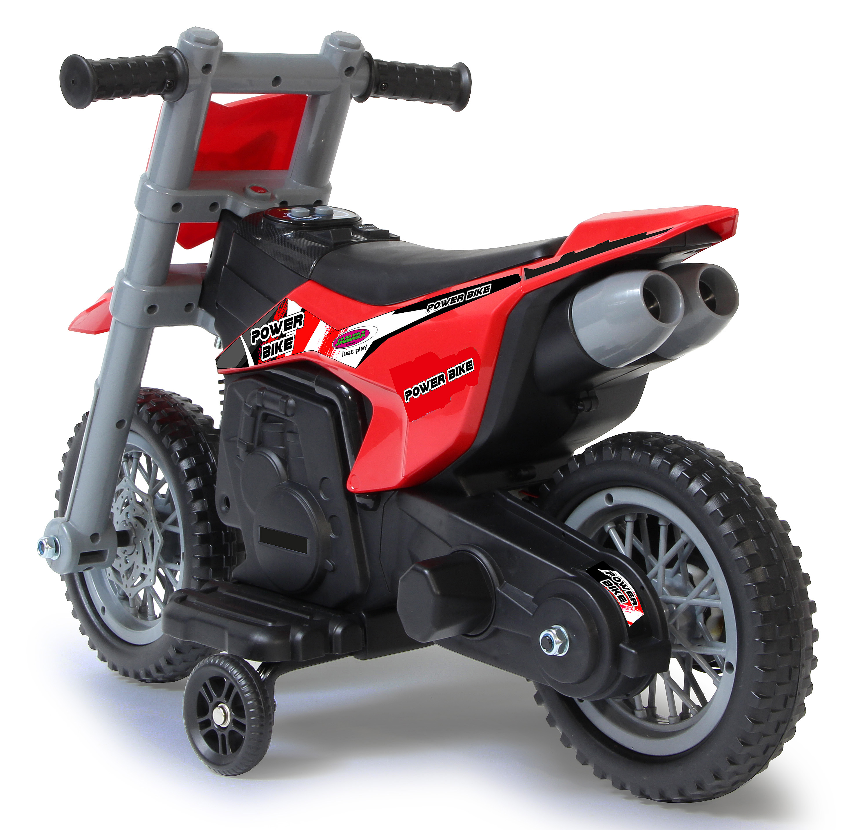 Ein rotes und schwarzes Spielzeugmotorrad mit grauen Akzenten und Stützrädern.