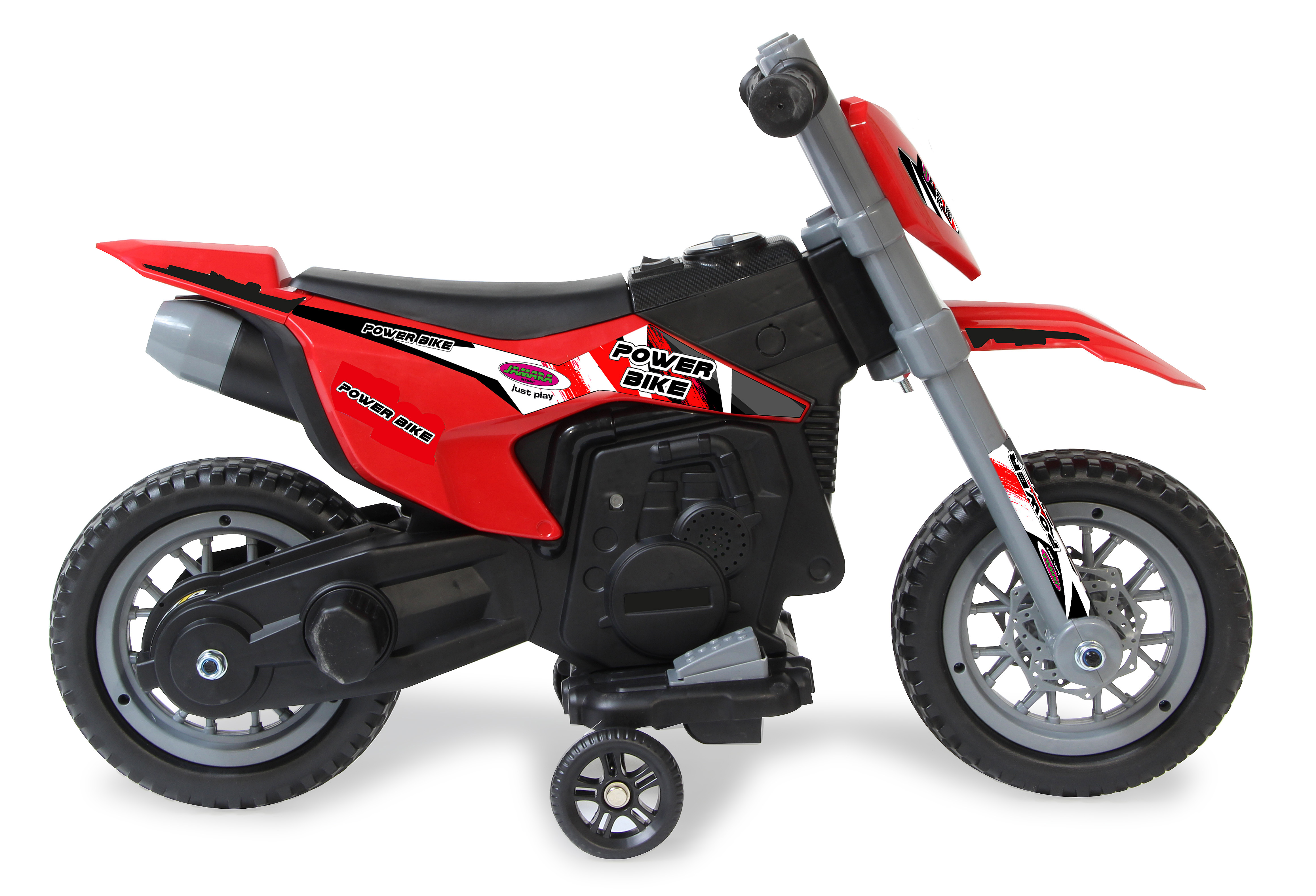 Rotes Spielzeugmotorrad mit Stützrädern, schwarzem Sitz und grauen Akzenten.