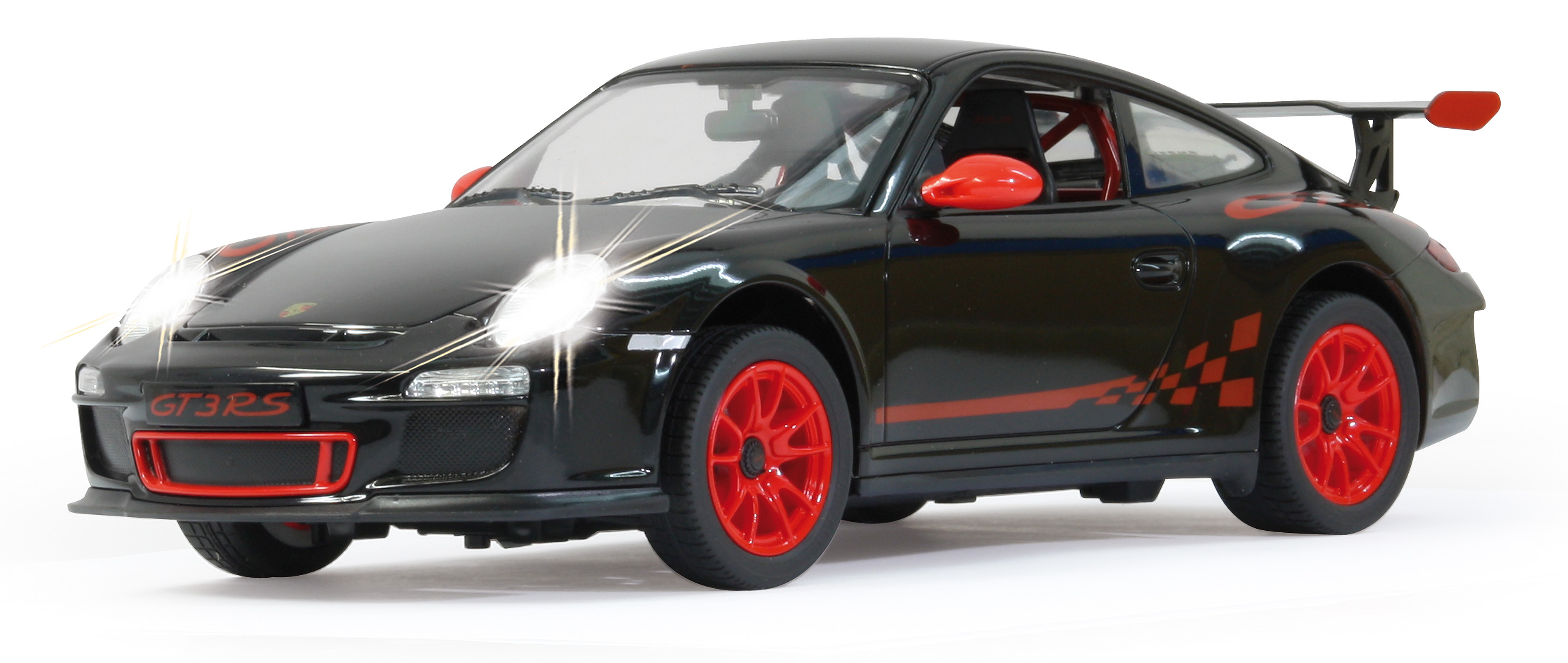 Black toy car with red accents, bright headlights, and a spoiler.