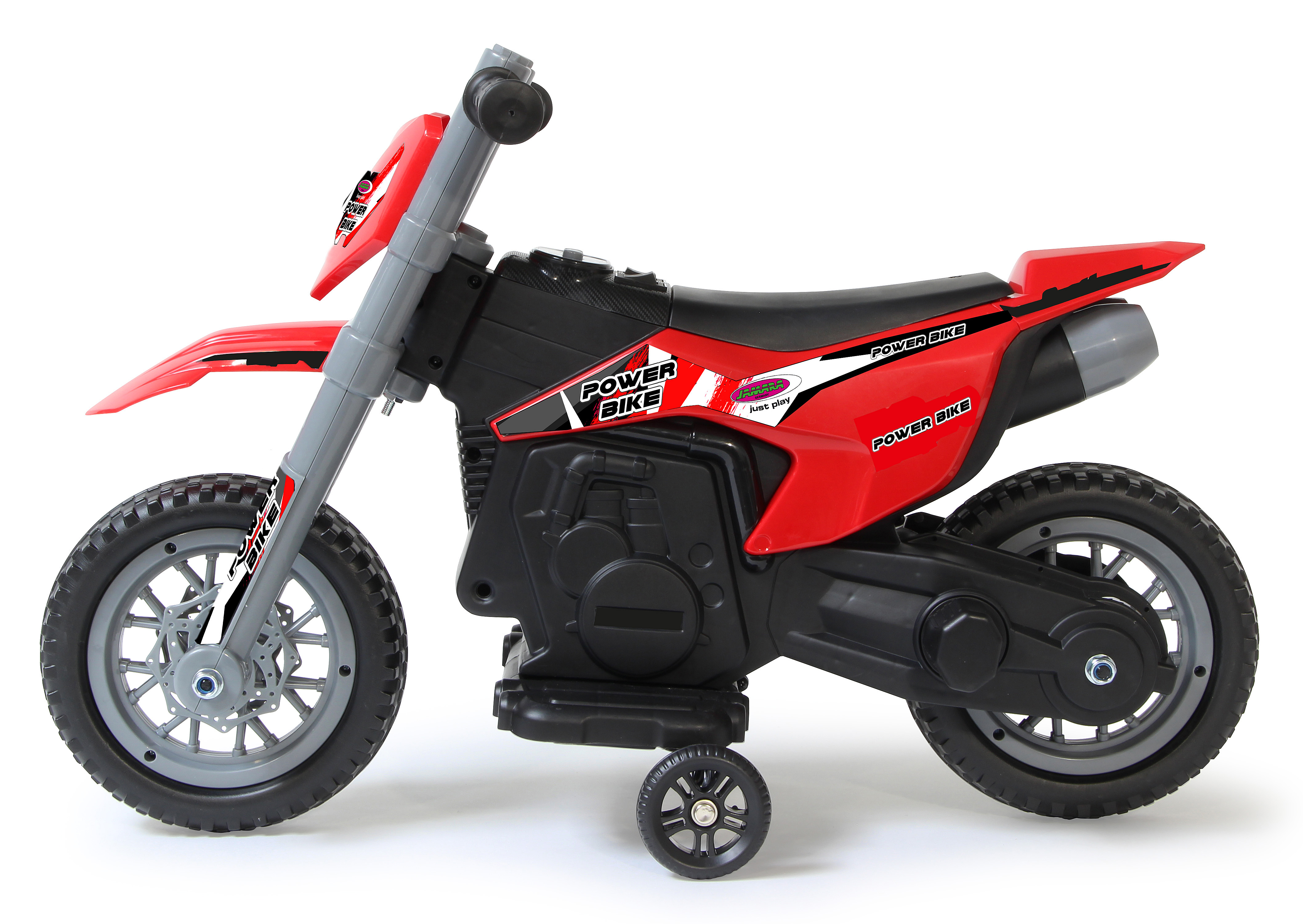 Ein rotes Spielzeugmotorrad mit grauen und schwarzen Akzenten auf weißem Hintergrund.