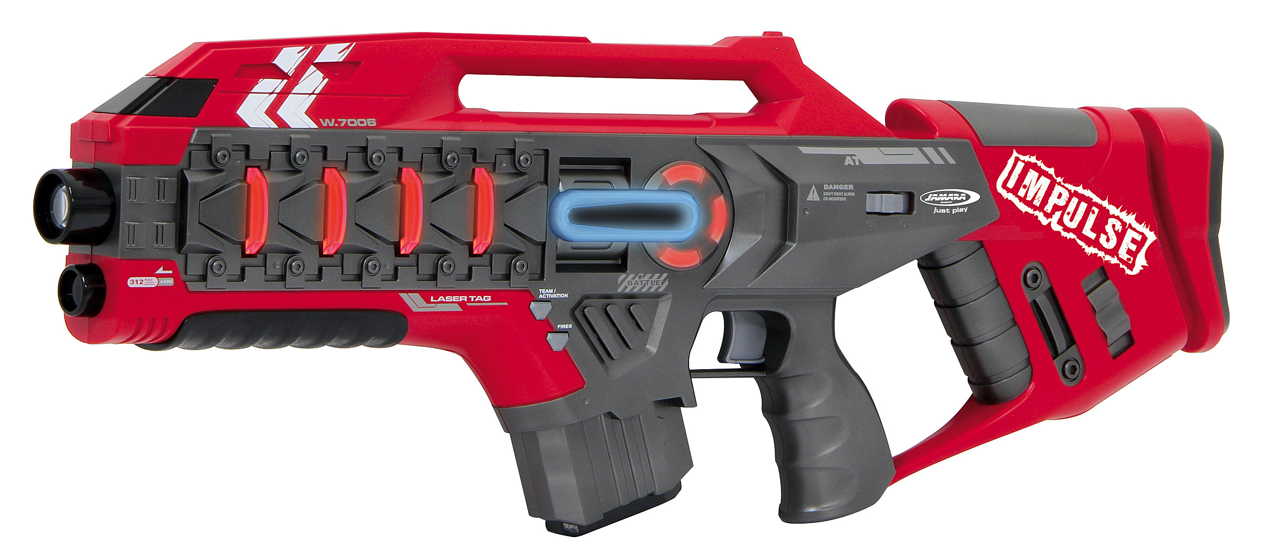 Ein rotes und graues Laser-Tag-Spielzeuggewehr mit blauer Lichtemission und roten Lichtern.
