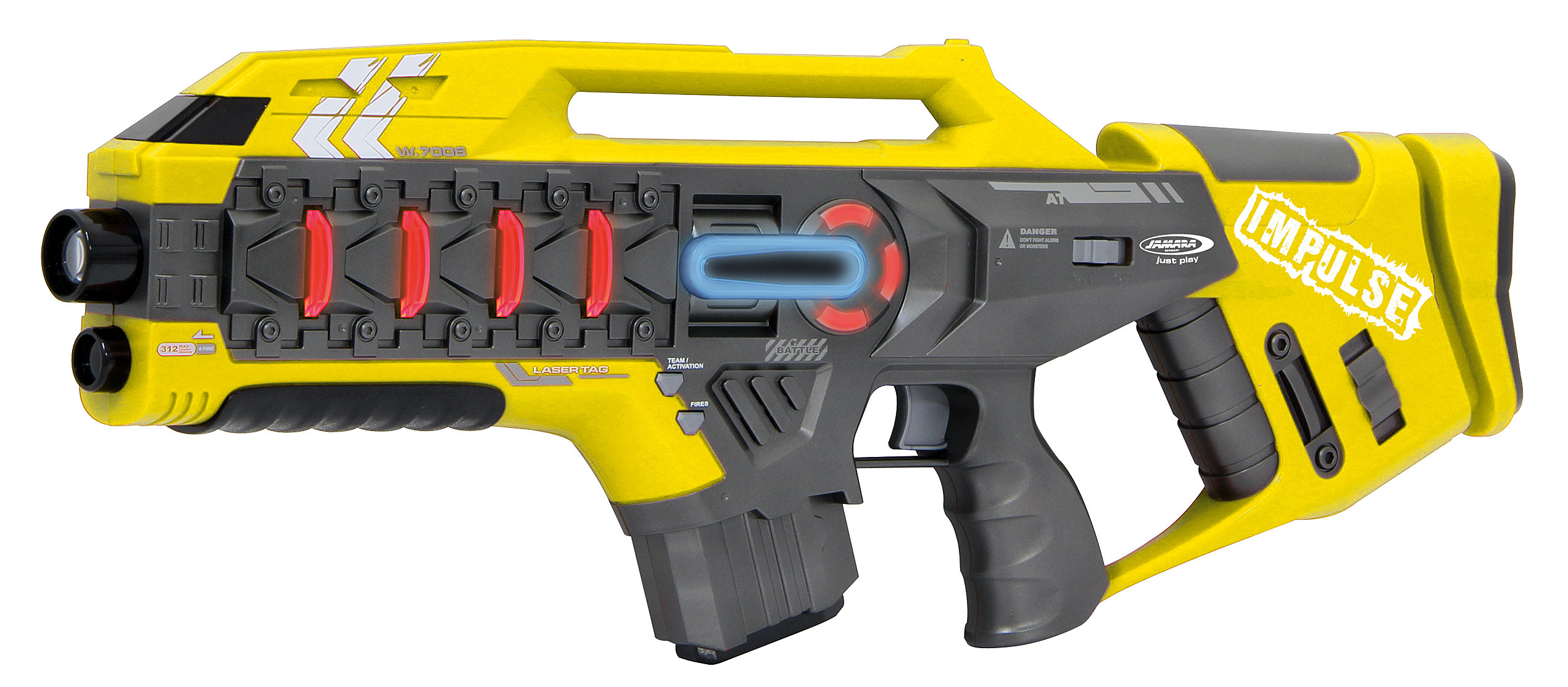Gelber und grauer Laser-Tag-Spielzeug-Blaster mit roten und blauen Lichtern.