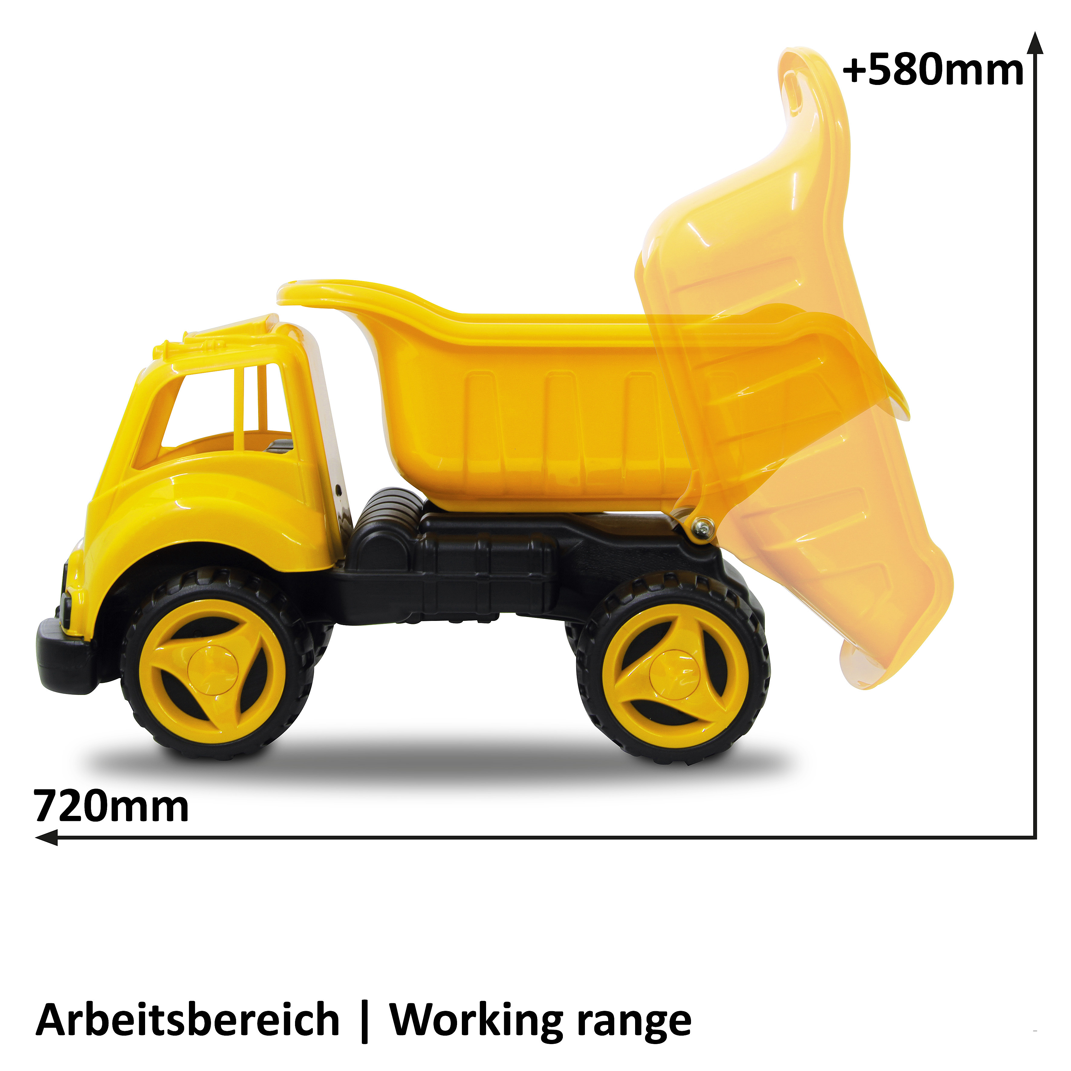 Gelber Kipper mit schwarzen Rädern, Maße 720 mm und +580 mm