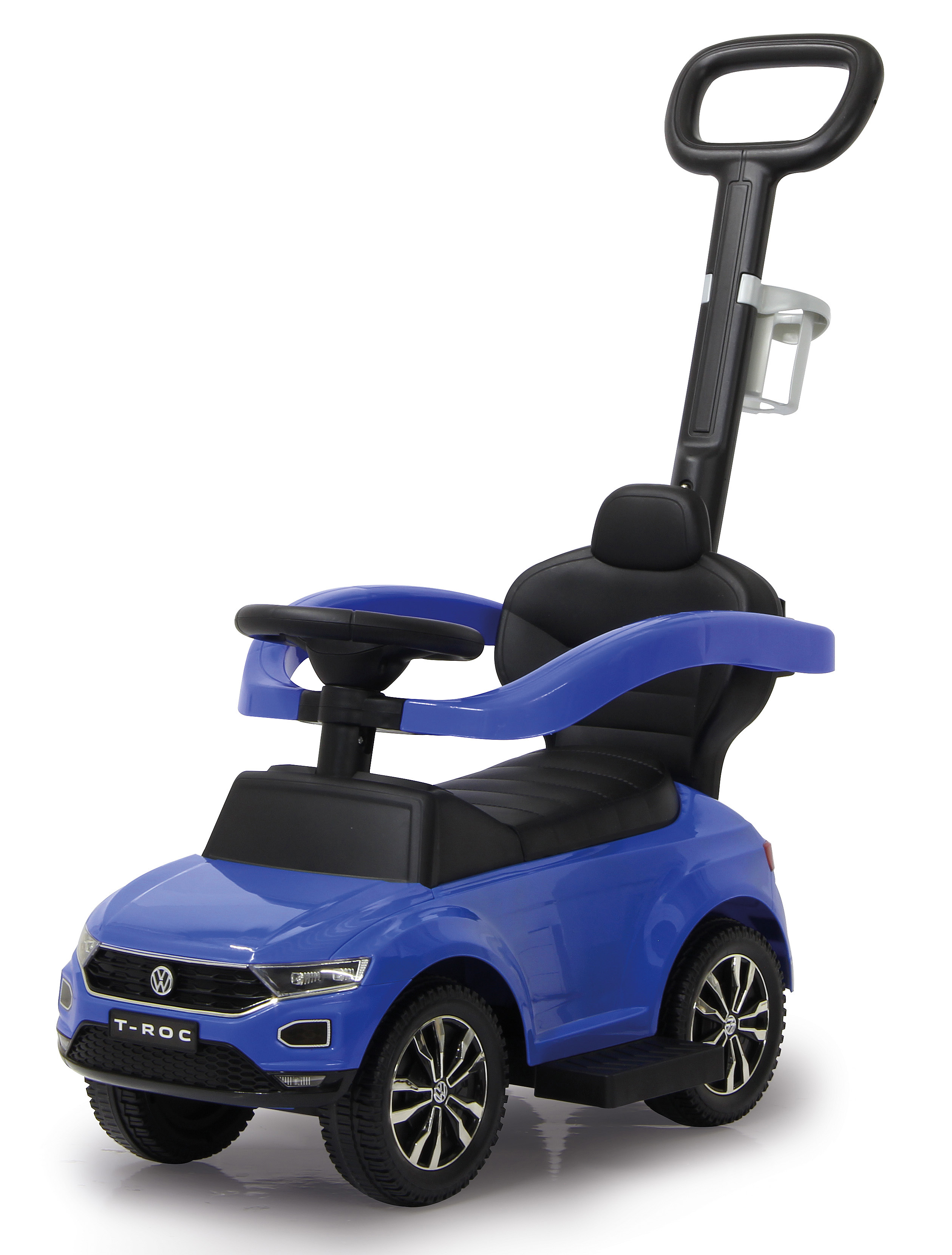 Blauer Kinder-Rutscherauto mit Schiebestange, Sitz und Lenkrad.