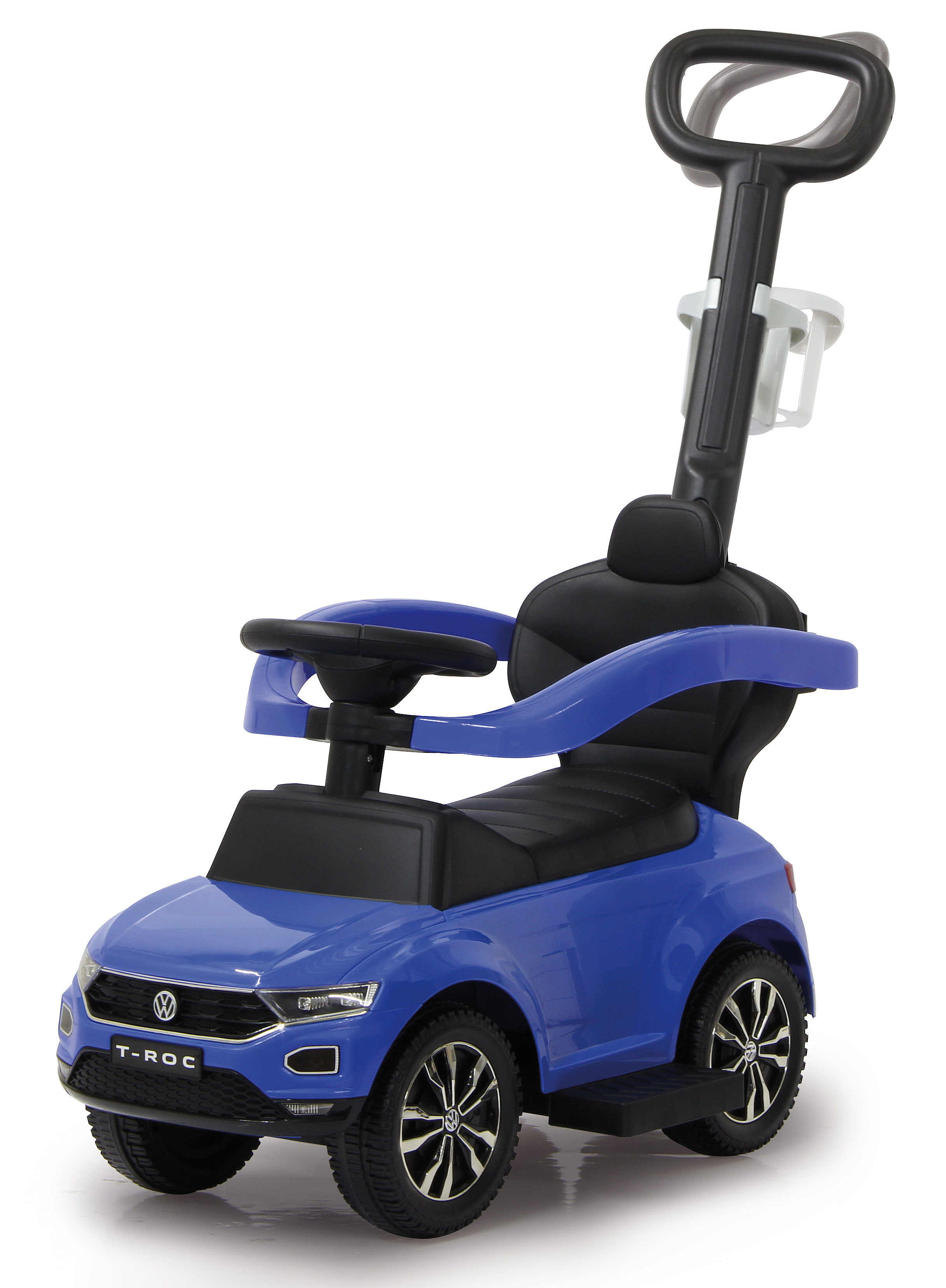 Ein blauer VW T-Roc Kinderfahrzeug mit Schiebestange, Lenkrad und Sitz.