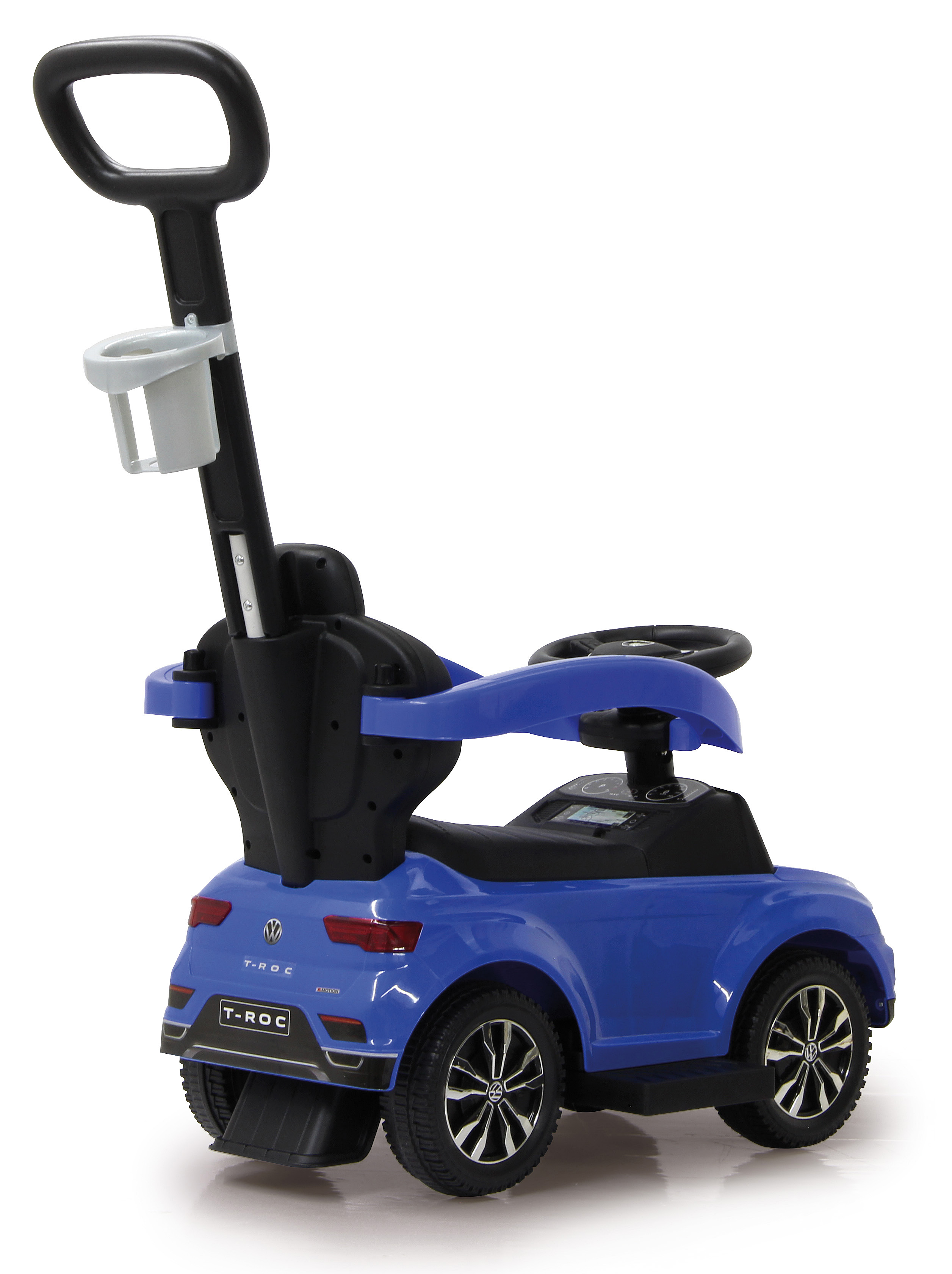 Ein blauer VW T-Roc Kinderfahrzeug mit Schiebestange und Lenkrad.