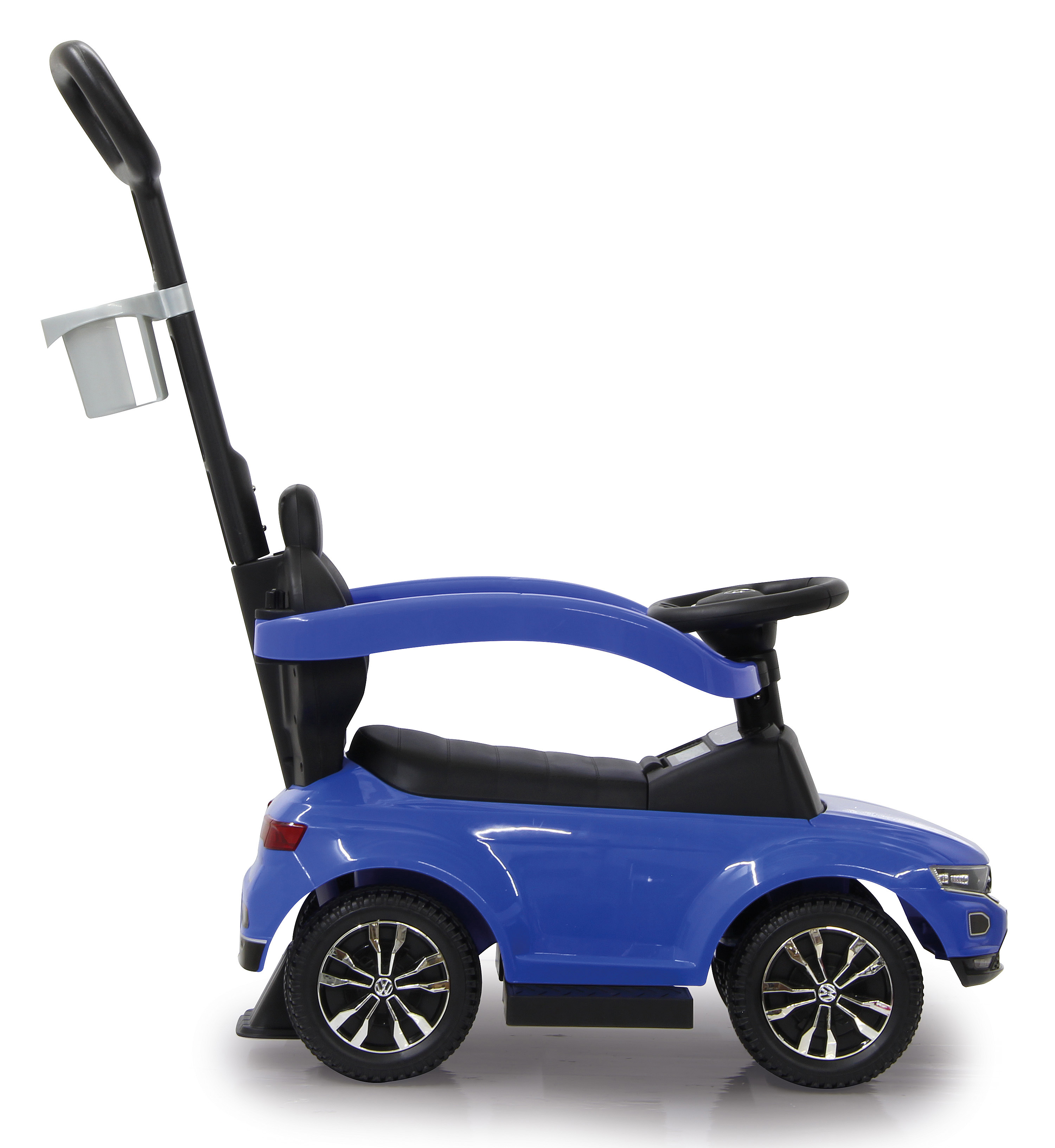 Blauer Kinderroller mit Schubstange, Sitz und Lenkrad.