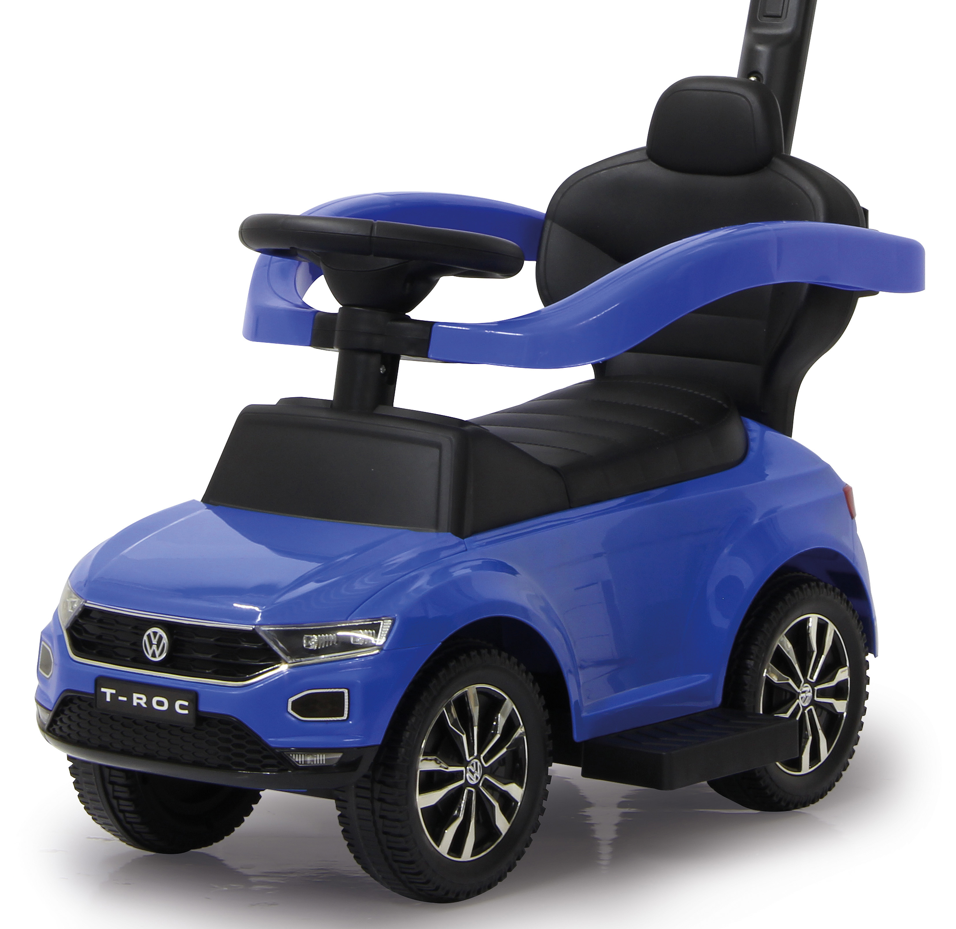 Ein blauer Kinder-VW T-Roc mit schwarzem Sitz, Lenkrad und Schiebestange.