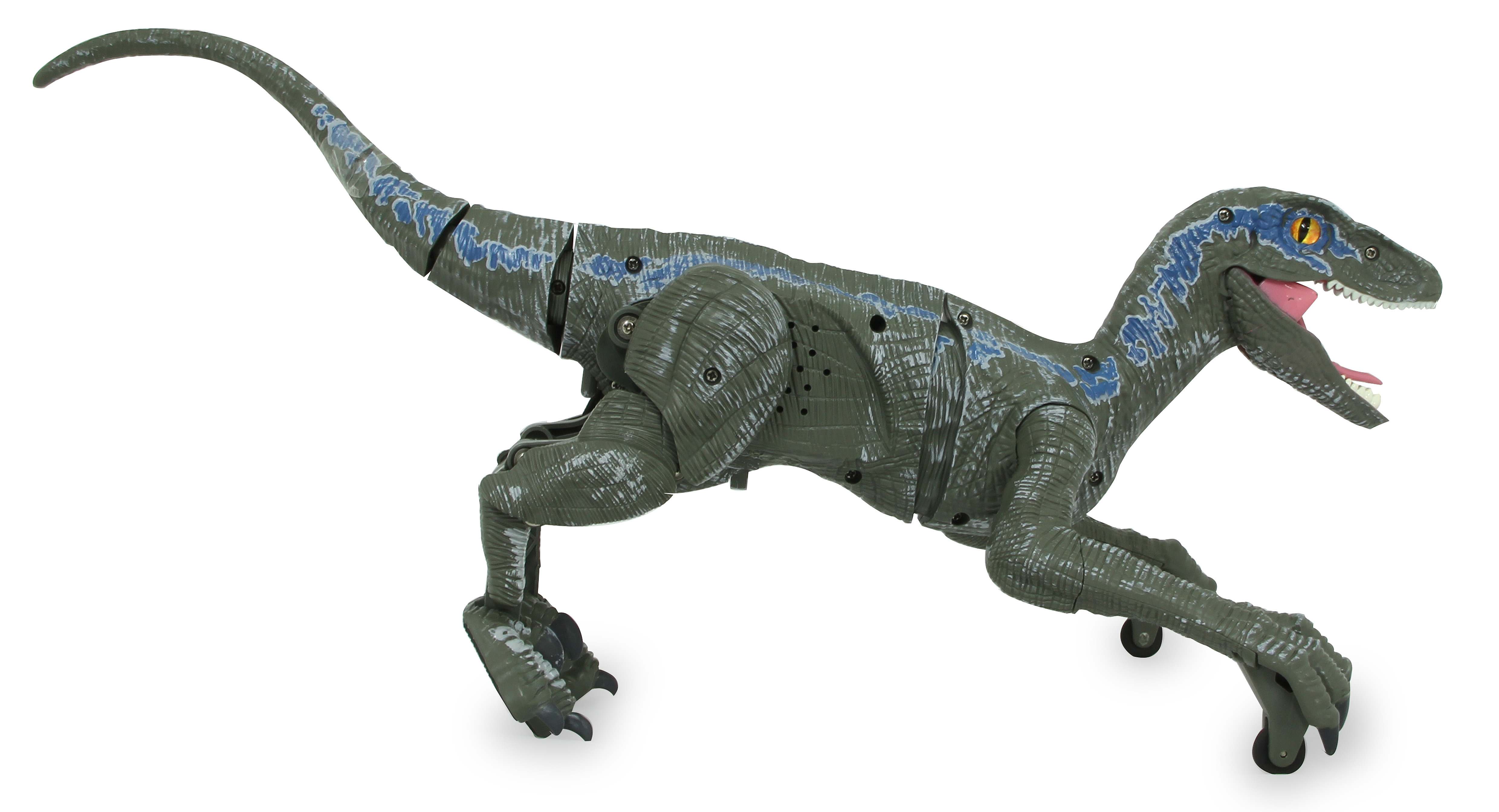 Grüne Raptorenfigur mit blauen Streifen und Rädern, Maul geöffnet.