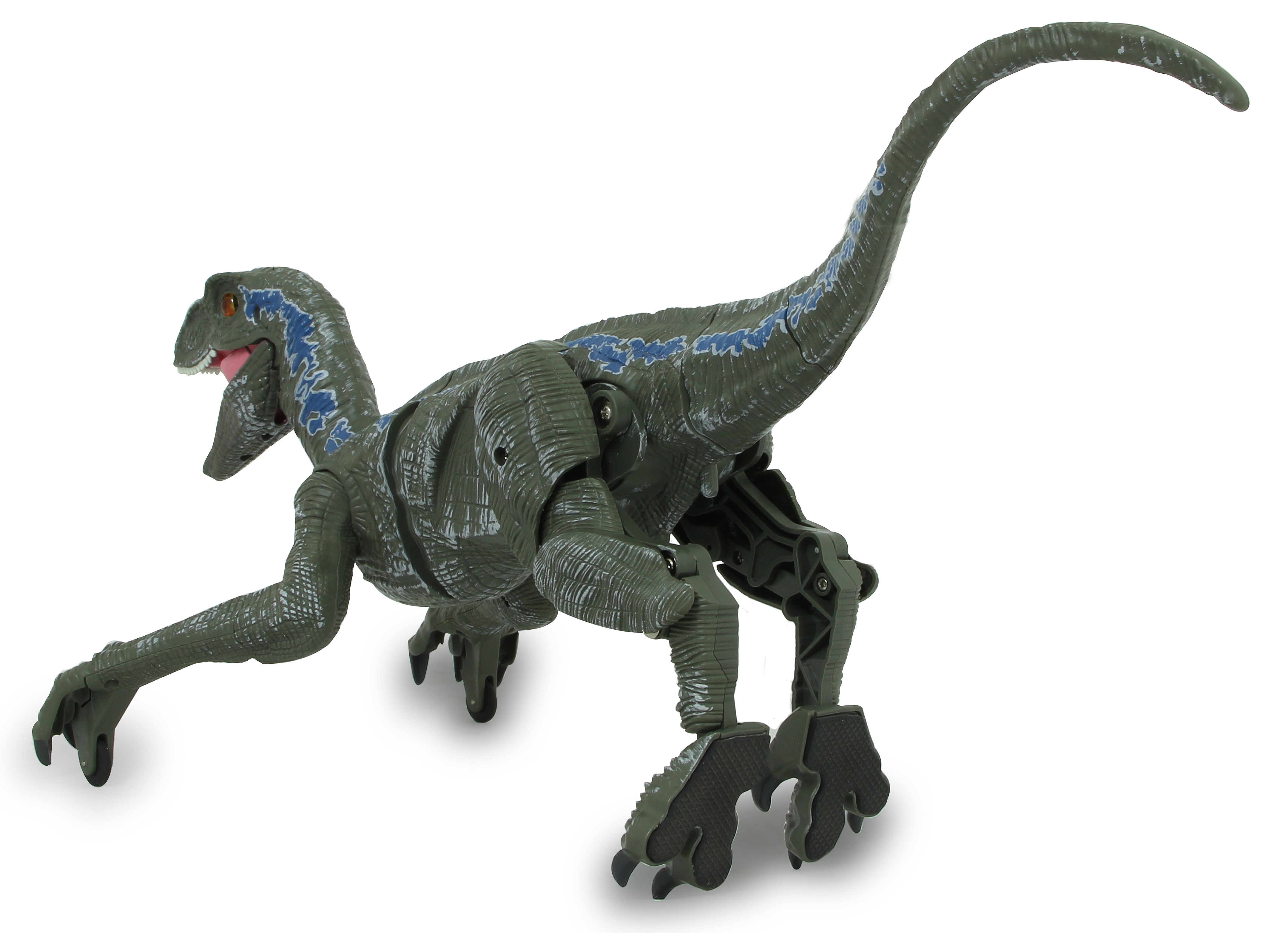 Eine grüne Dinosaurier-Figur mit blauen Streifen auf weißem Hintergrund.