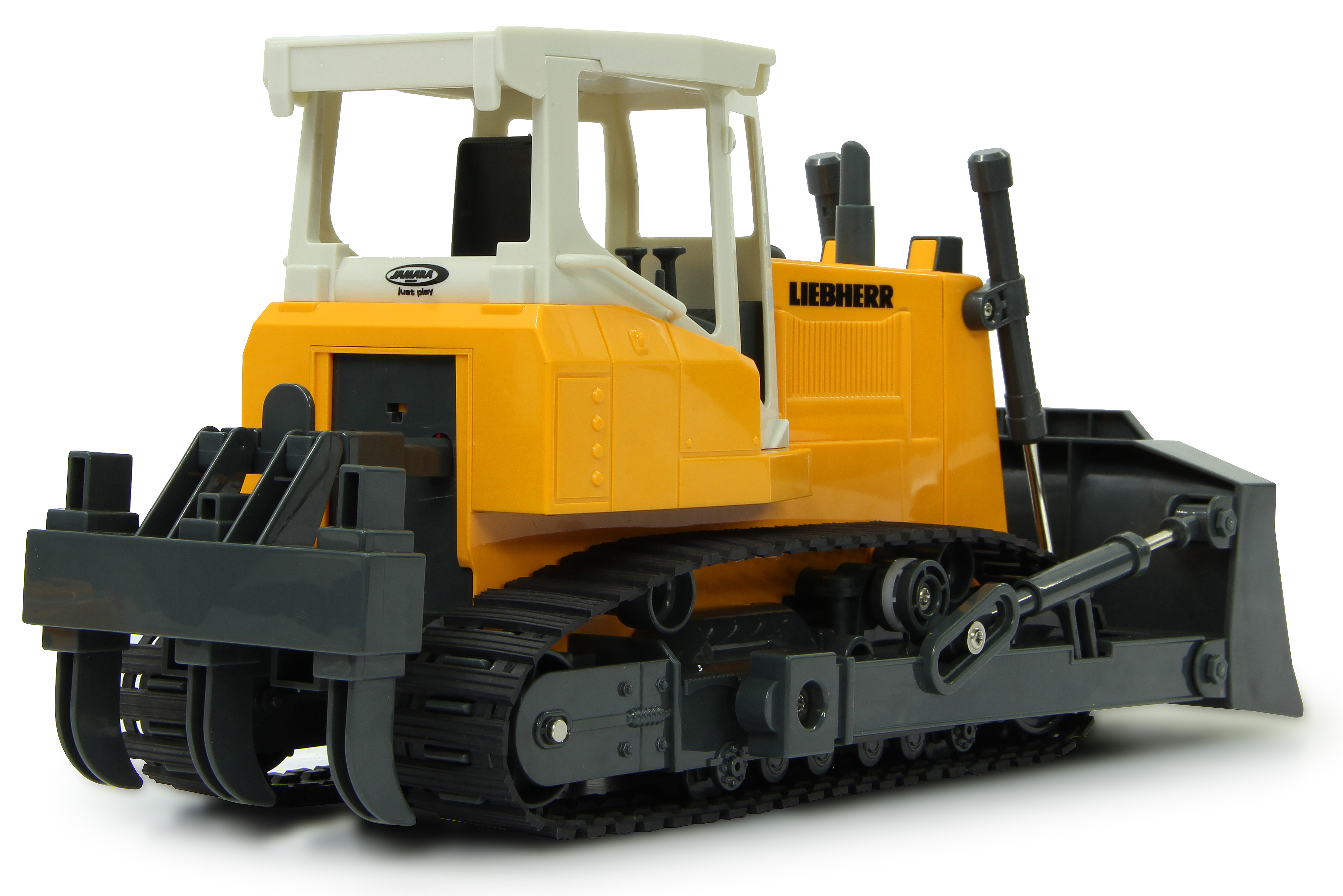 Gelber Spielzeug-Bulldozer mit schwarzen Raupen und grauem Schild.