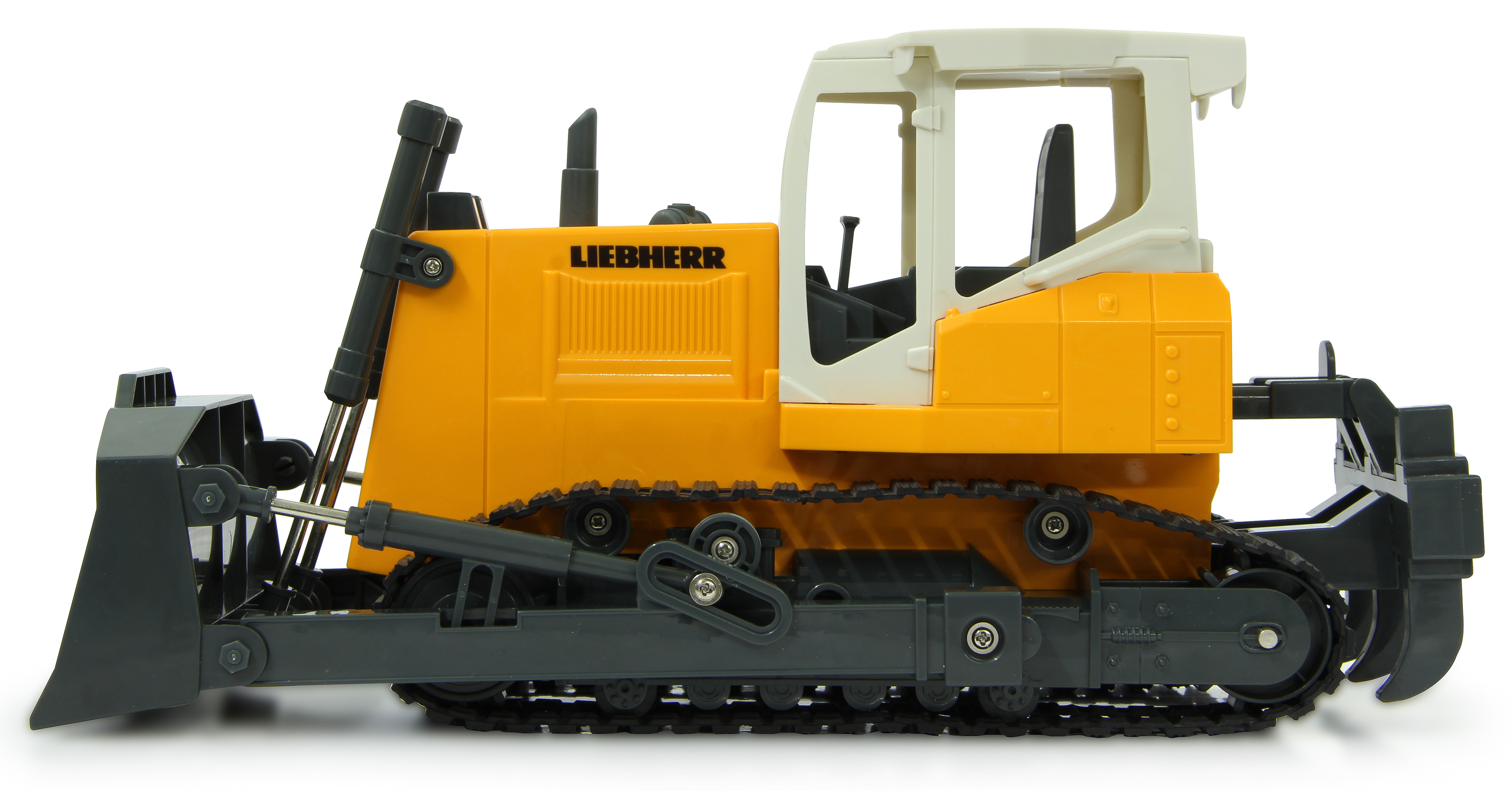 Ein gelber Spielzeug-Bulldozer mit schwarzen Ketten und Schild.