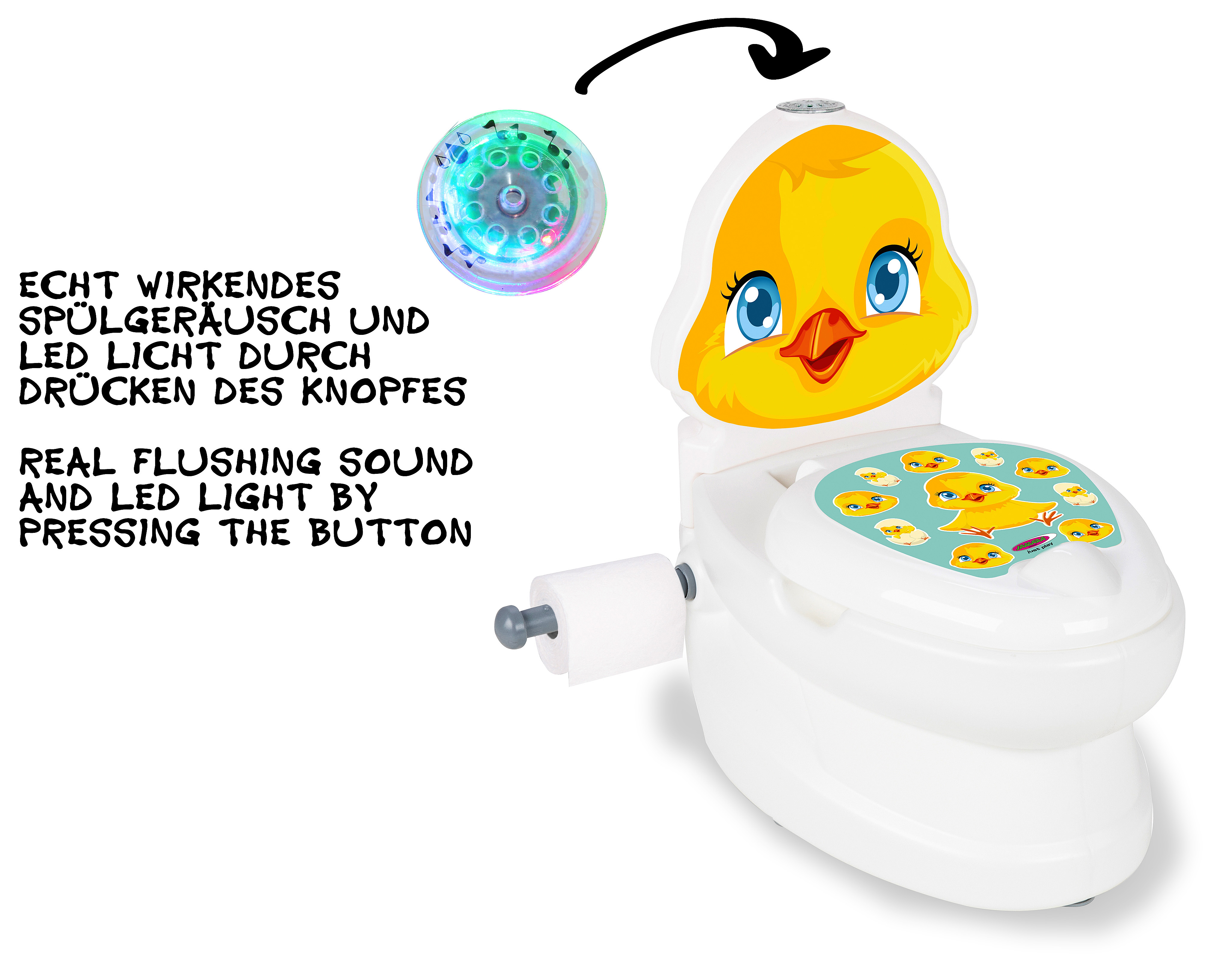 Ein weißes Töpfchen mit Entenmotiv und eine leuchtende Scheibe.