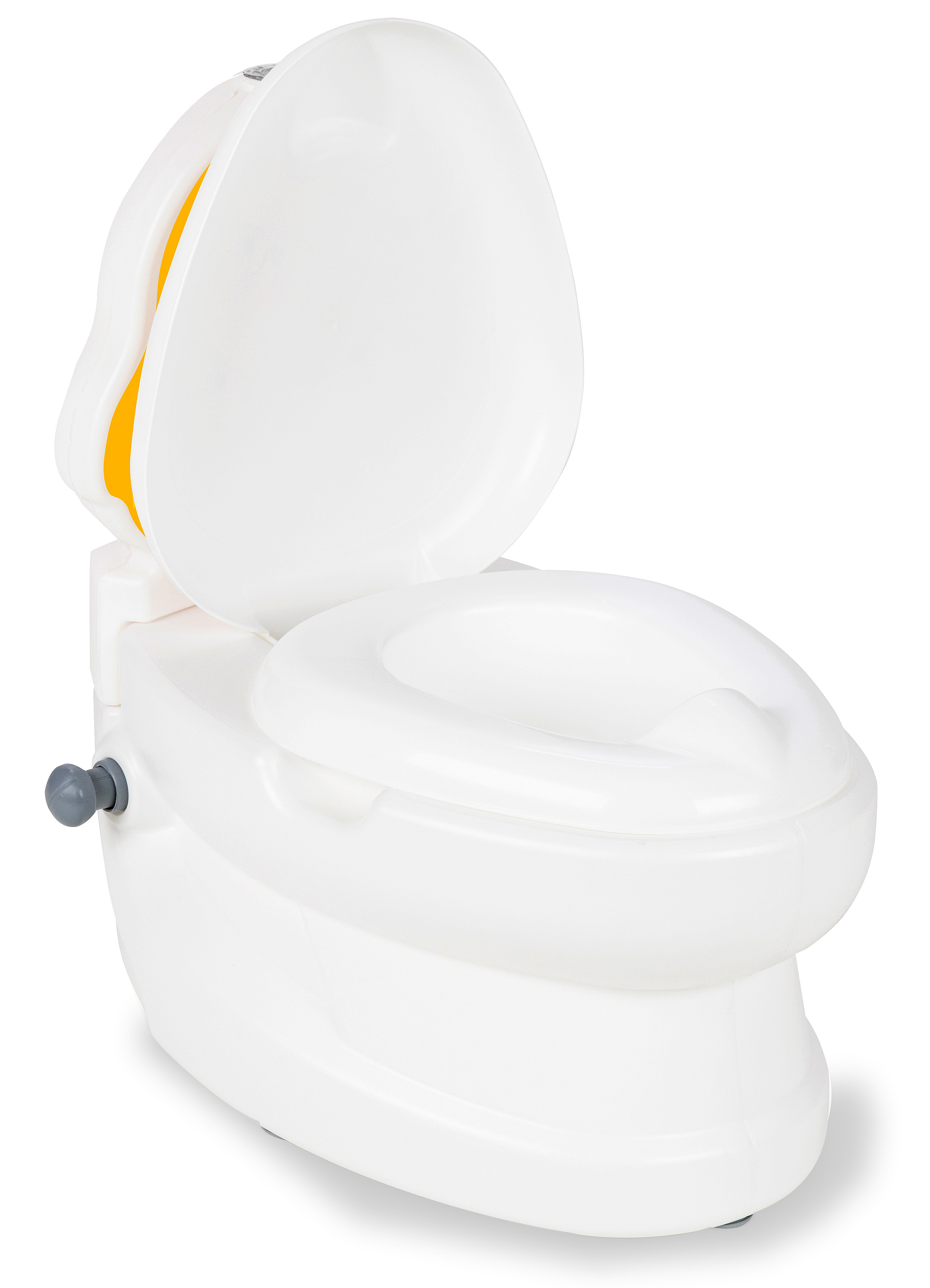 Ein weißer Toilettensitz-Erhöher mit gelben Akzenten und einem grauen Knopf.