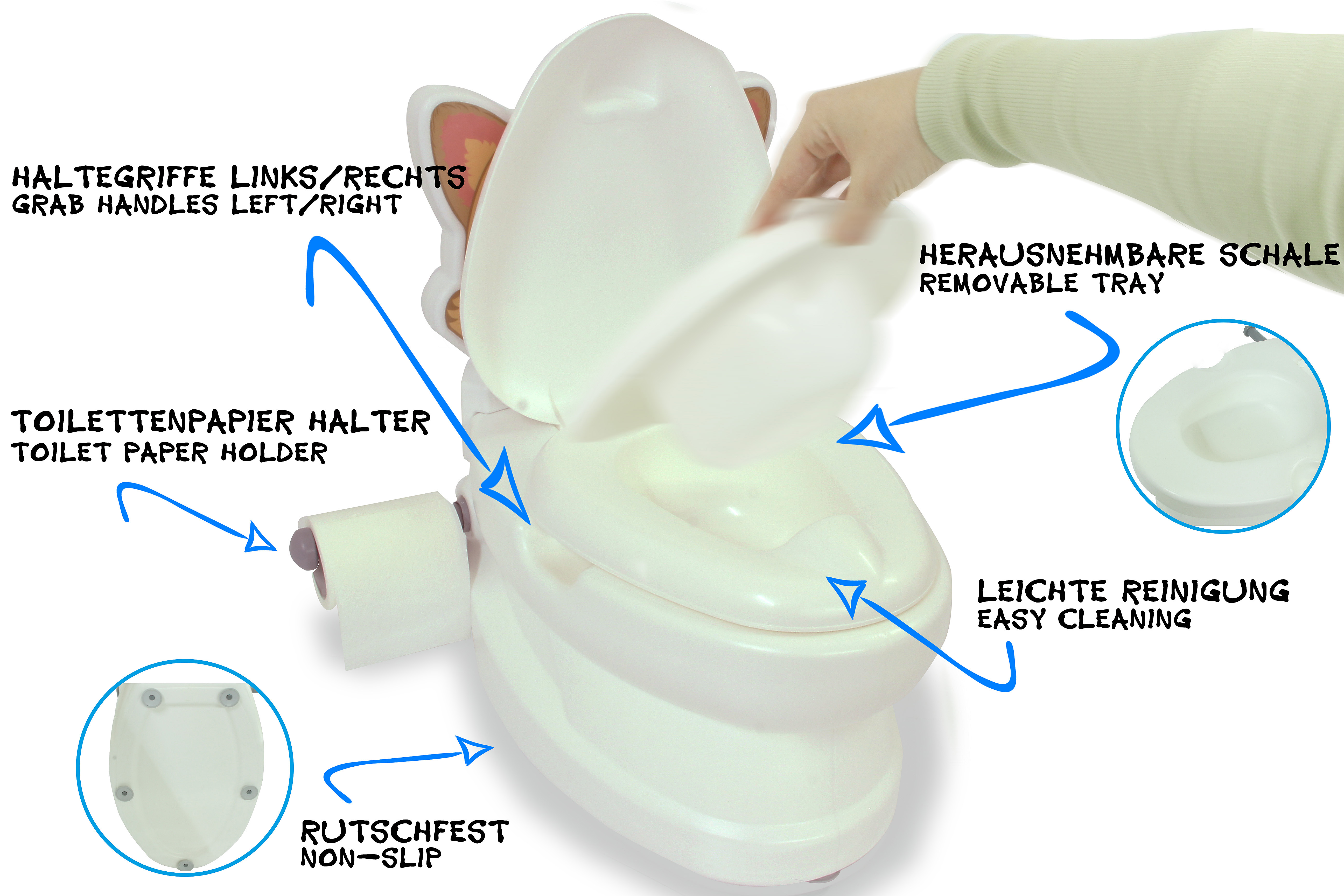 Ein weißer Kindertoilettensitz mit entfernbarer Schale, Haltegriffen und Papierrollenhalter.