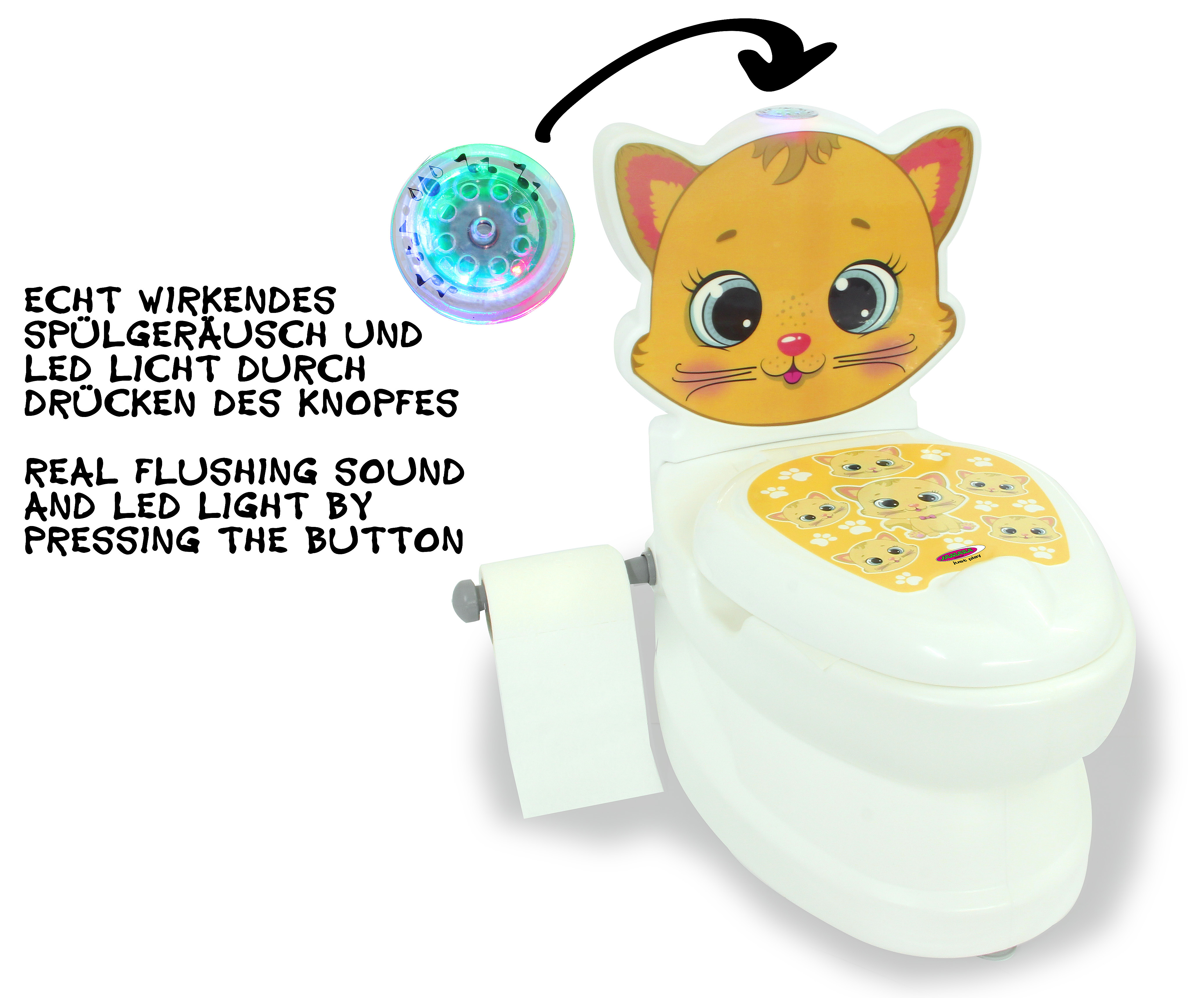 Ein weißes Katzentoiletten-Trainingsmodell mit bunten Lichtern und Rollen.