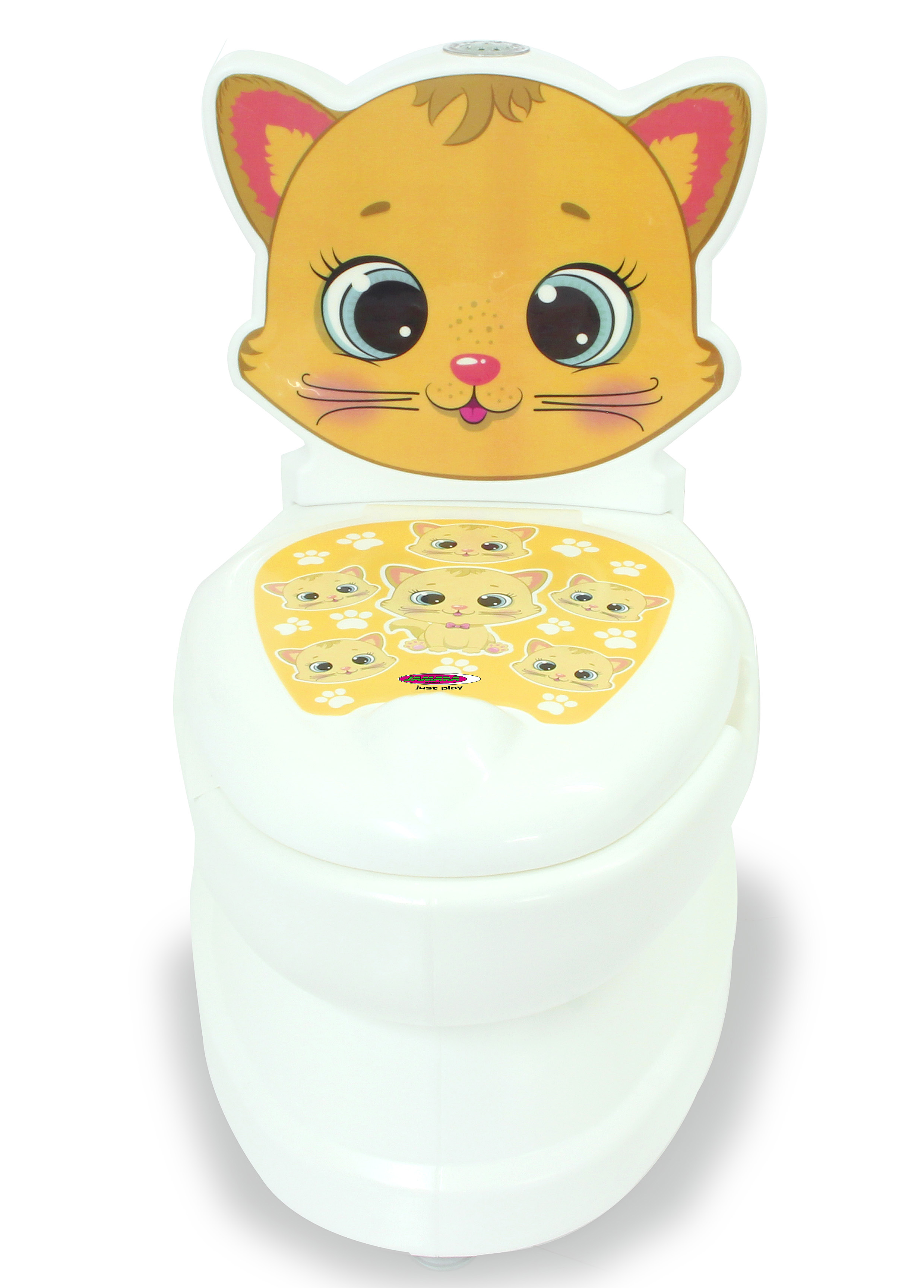 Ein weißes KinderWC mit einem Katzenmotiv oben.