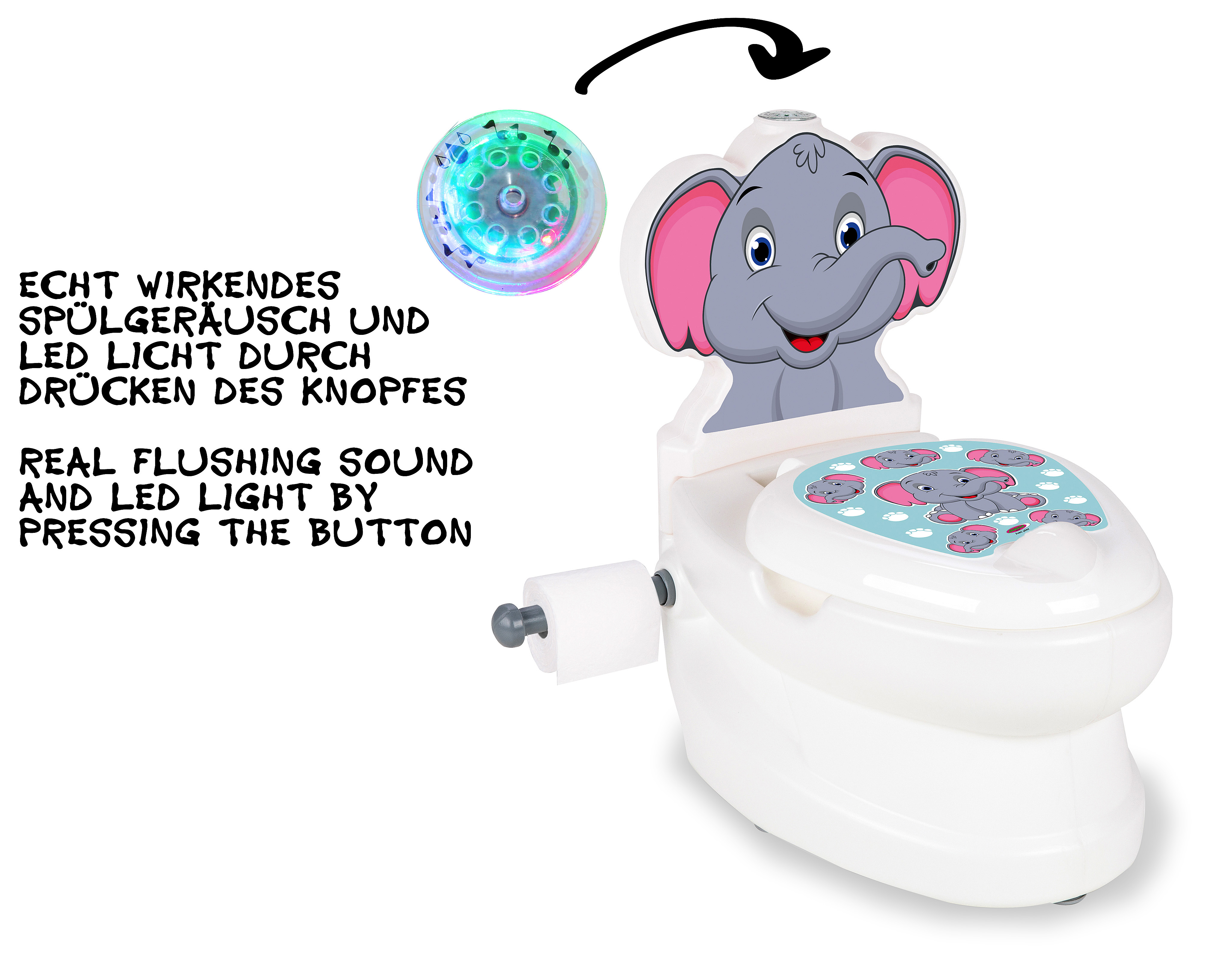 Ein weißes Töpfchen mit Elefantenmotiv, Spülgeräusch und LED-Licht.