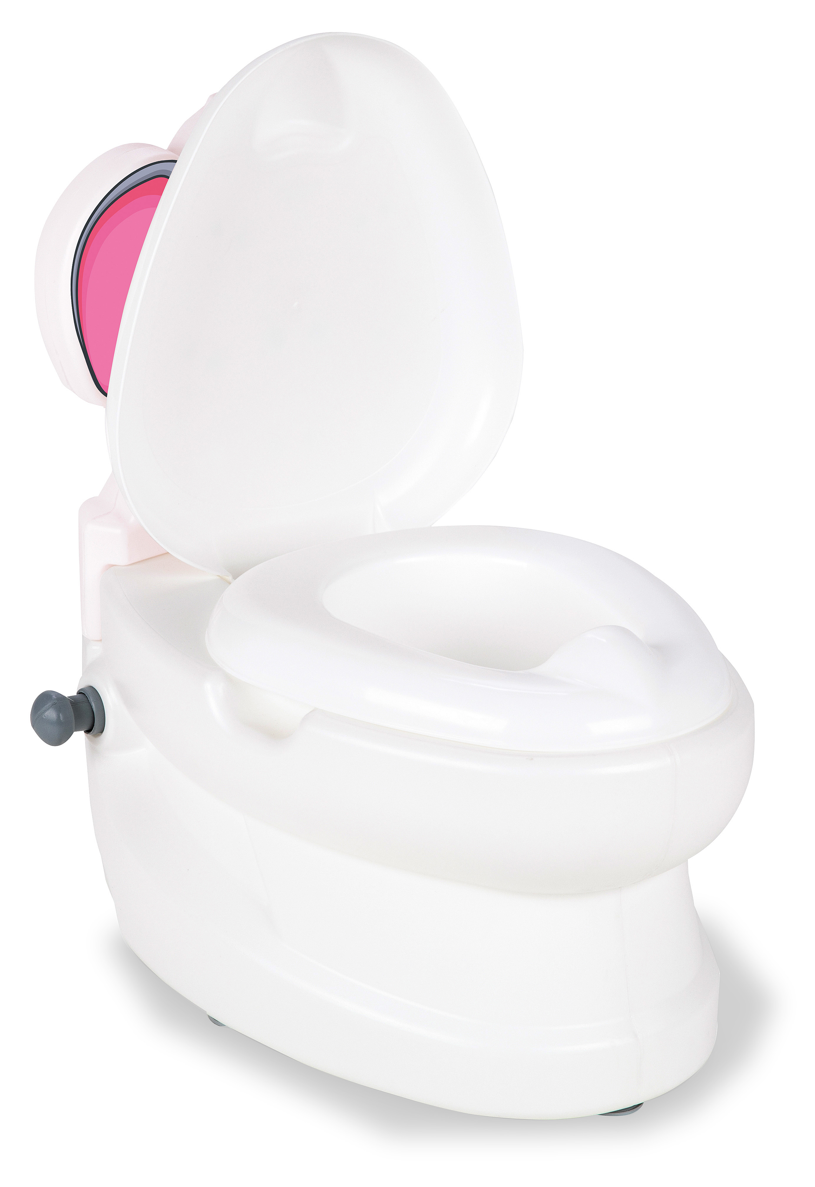 Ein weißes Kinder-Toilettentrainings-WC mit offenem Deckel und rosa Akzenten.