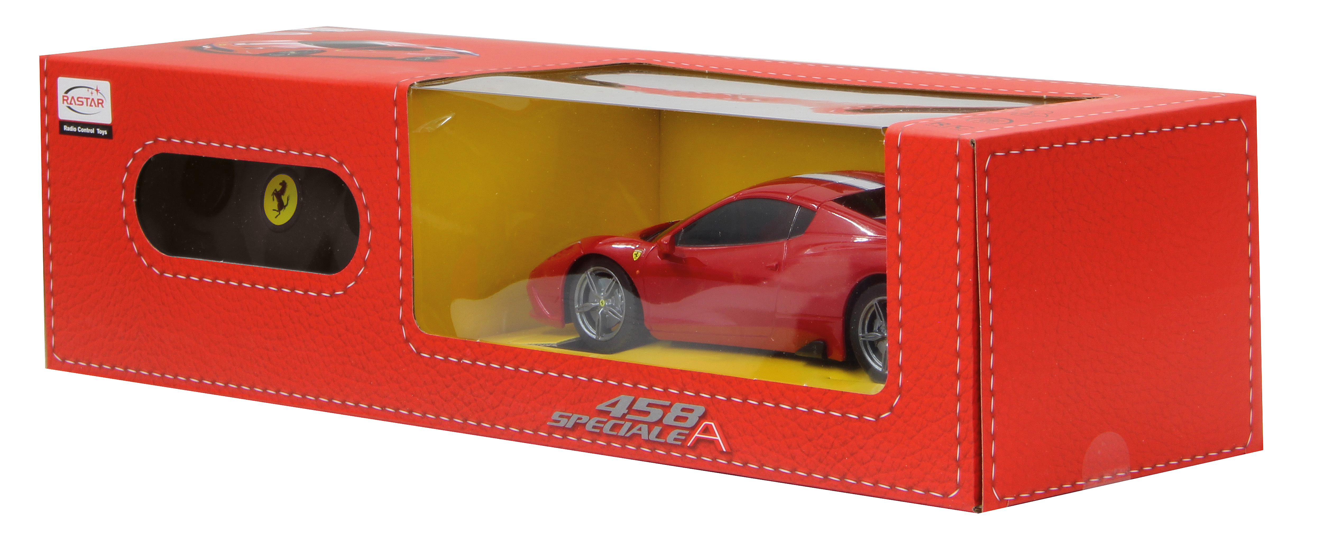 Czerwony samochodzik Ferrari w oknie czerwonego pudełka.