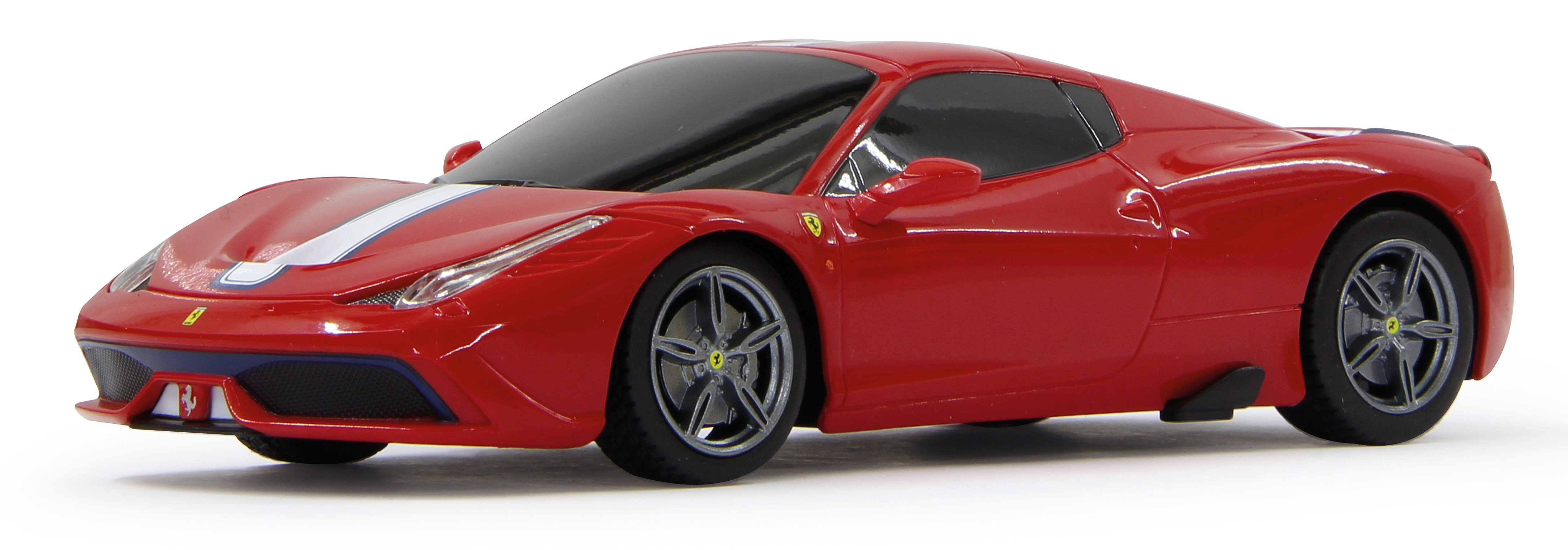 Czerwony samochodzik Ferrari z białymi i niebieskimi pasami na masce.
