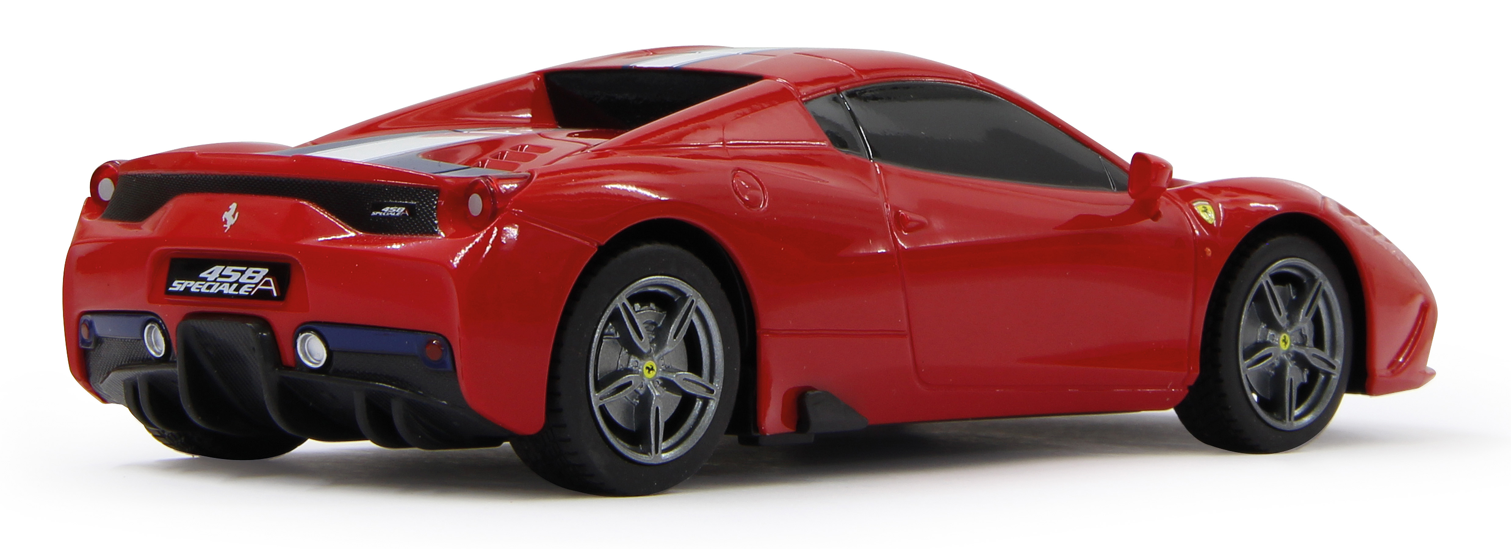 Czerwony samochodzik Ferrari 458 Speciale, widok od tyłu, z białymi i niebieskimi paskami.