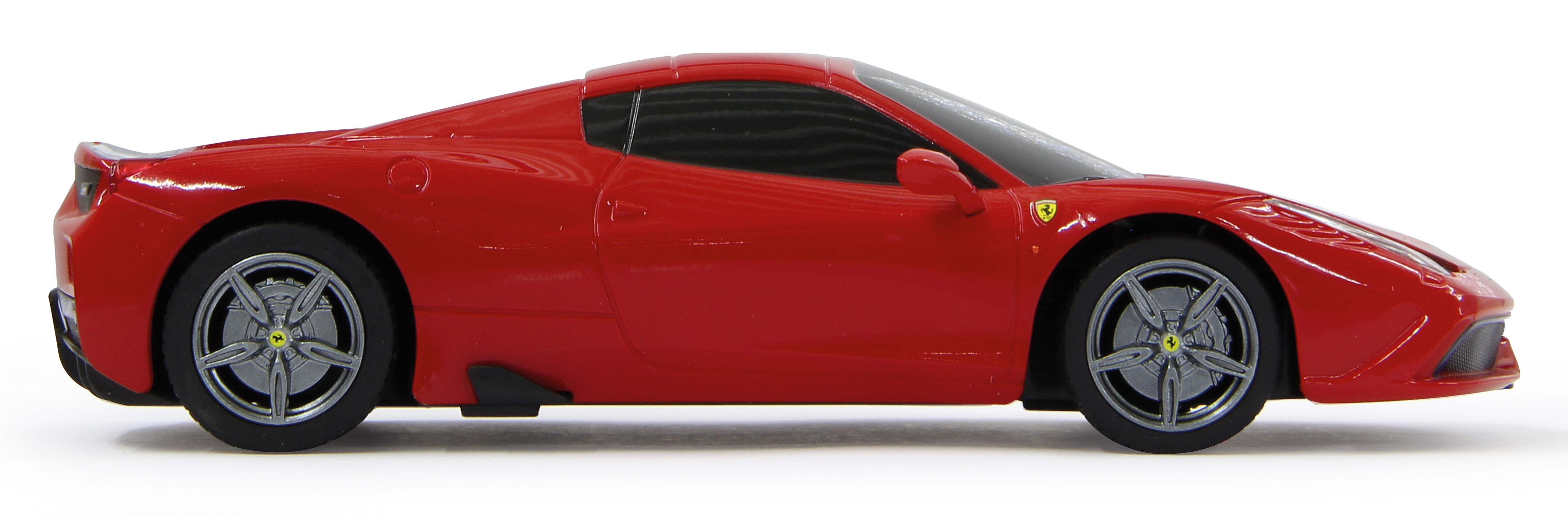 Czerwony samochód sportowy z logo Ferrari, widok z boku, na białym tle.