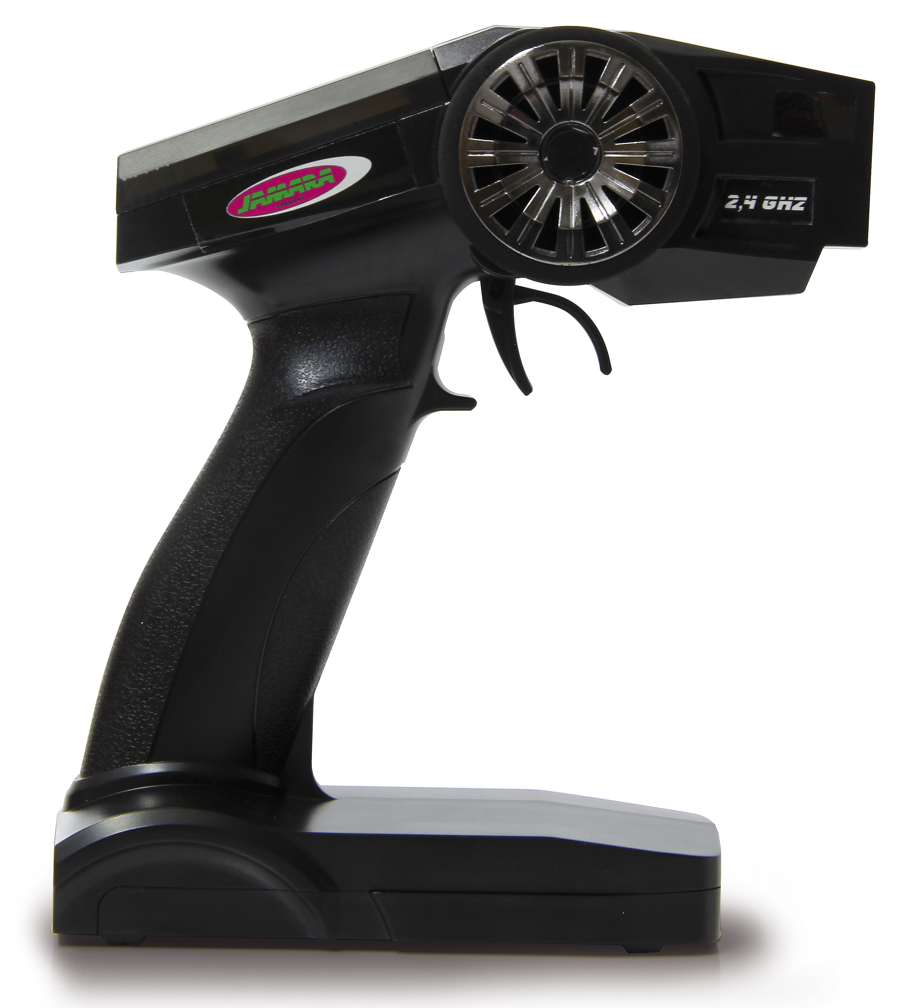 Schwarzer RC-Sender mit 2,4 GHz Aufschrift und Rad.